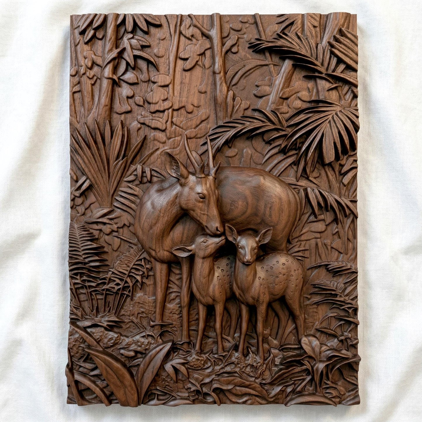 Intricate bas-relief carving of a deer family with a stag and two fawns standing closely together in a lush forest, surrounded by dense foliage, leaves, and natural woodland textures, capturing warmth, protection, and harmony in a detailed nature composition.