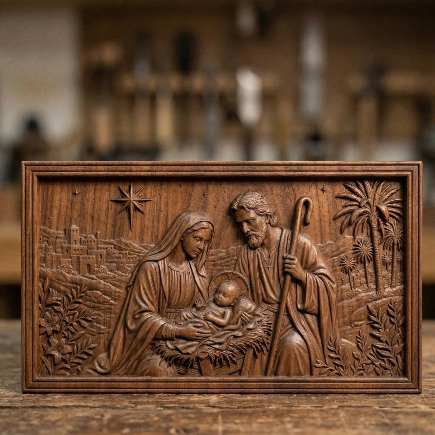 Beautiful bas-relief carving of the Nativity scene featuring baby Jesus in a manger with Mary and Joseph beside him, under a shining star, surrounded by palm trees and a distant village, capturing peace, devotion, and sacred storytelling in detailed wood texture.