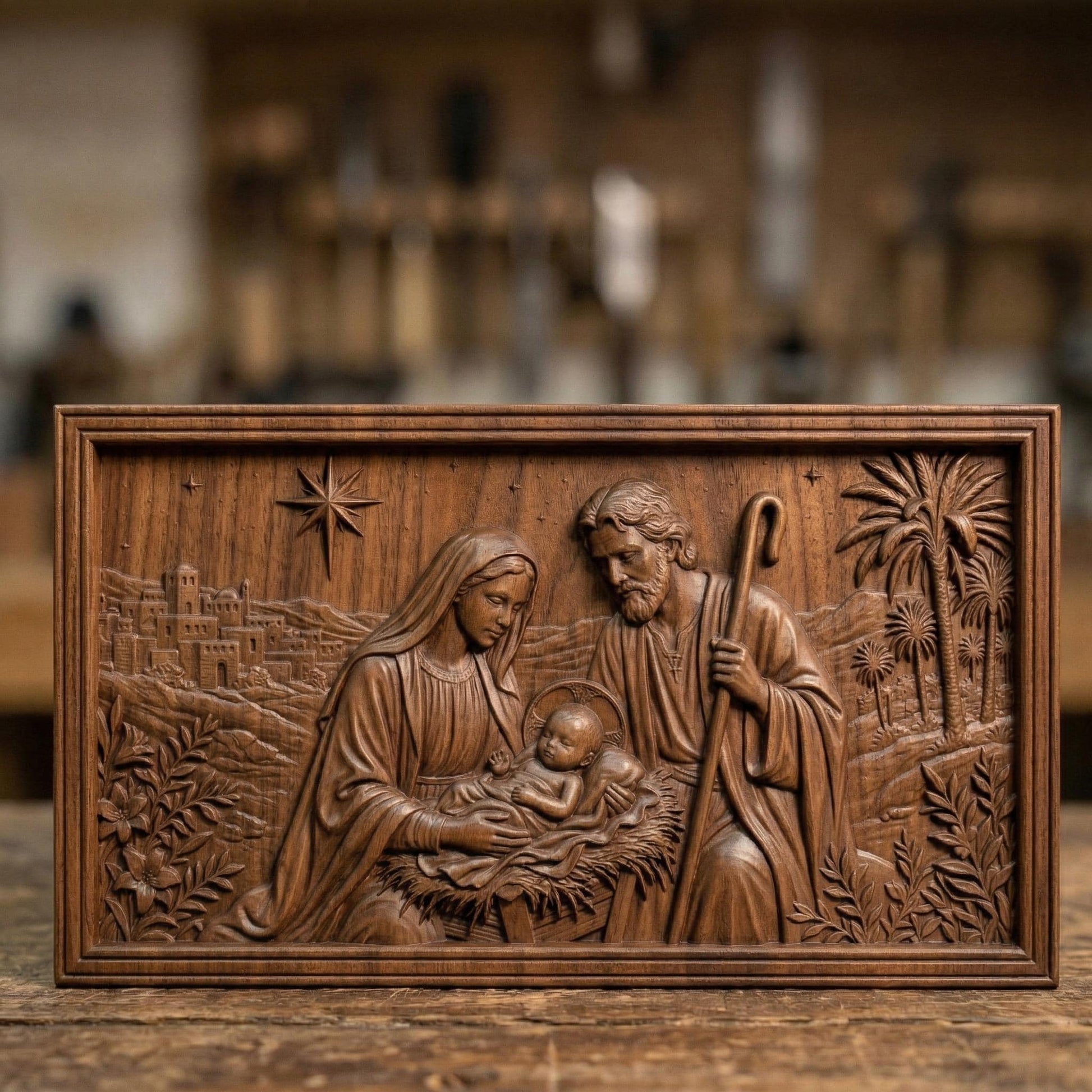 Beautiful bas-relief carving of the Nativity scene featuring baby Jesus in a manger with Mary and Joseph beside him, under a shining star, surrounded by palm trees and a distant village, capturing peace, devotion, and sacred storytelling in detailed wood texture.