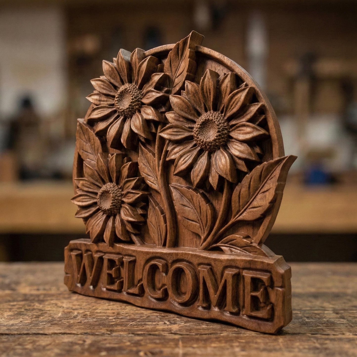 Decorative bas-relief carving of three large sunflowers with detailed petals and leaves arranged in a circular frame above a bold “WELCOME” sign, showcasing rustic farmhouse charm, natural textures, and a warm inviting aesthetic in carved wood style.