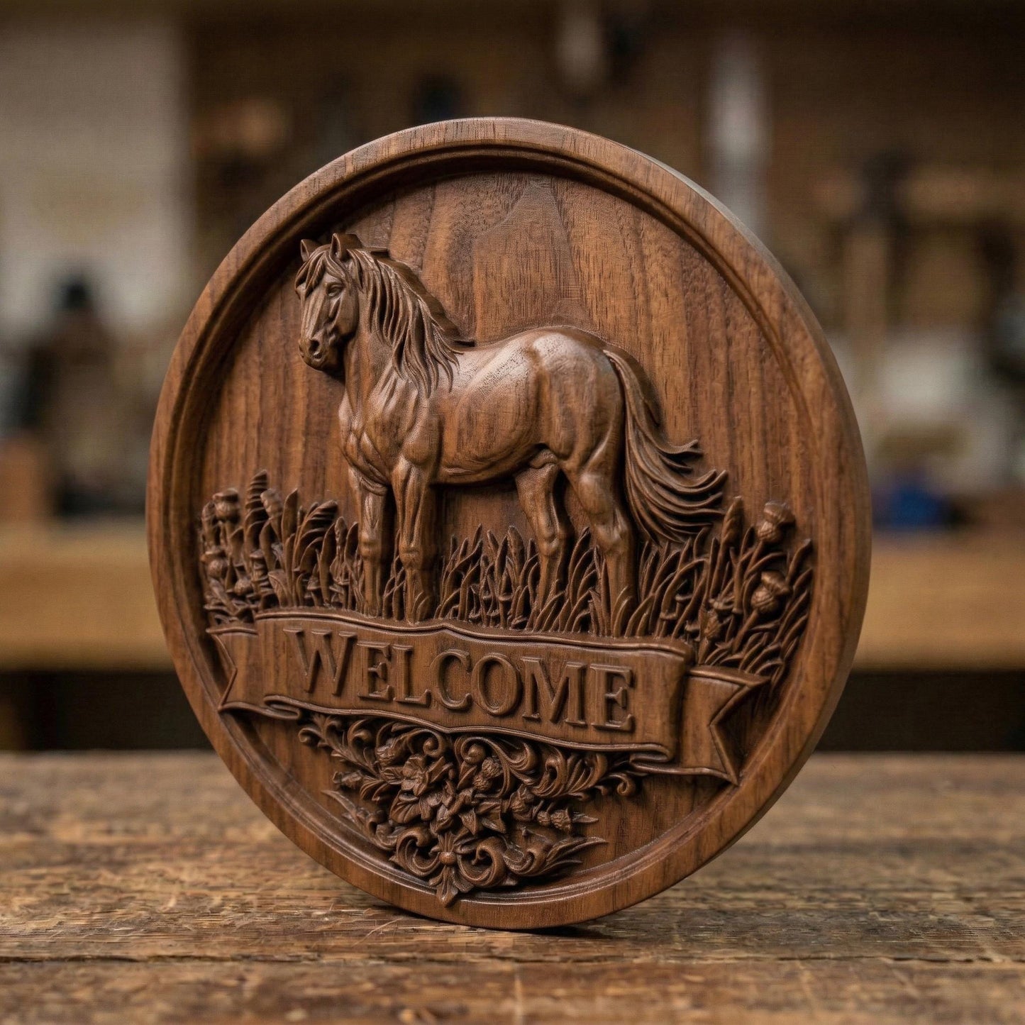 Elegant bas-relief carving of a standing horse inside a circular frame, surrounded by grass and decorative floral elements, with a bold “WELCOME” banner below, showcasing detailed musculature, flowing mane, and rustic farmhouse charm in carved wood style.