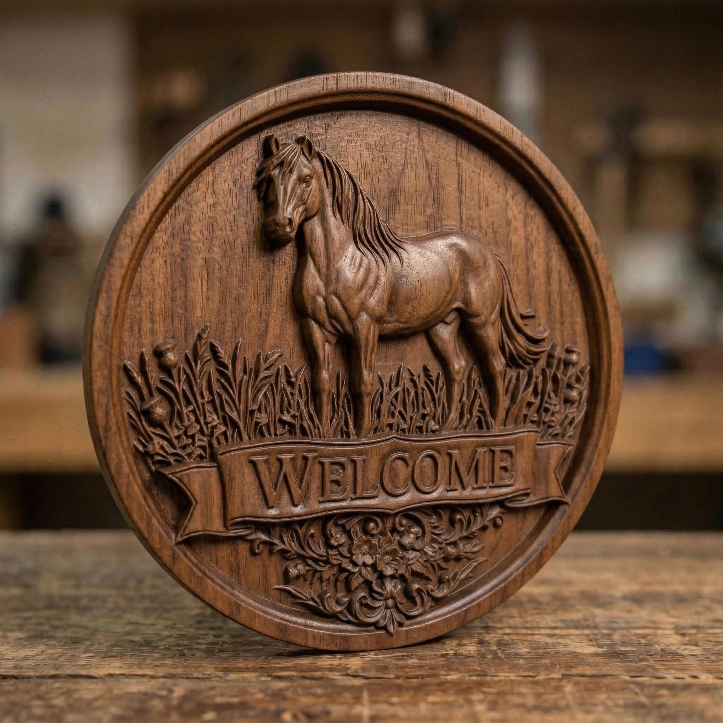 Elegant bas-relief carving of a standing horse inside a circular frame, surrounded by grass and decorative floral elements, with a bold “WELCOME” banner below, showcasing detailed musculature, flowing mane, and rustic farmhouse charm in carved wood style.