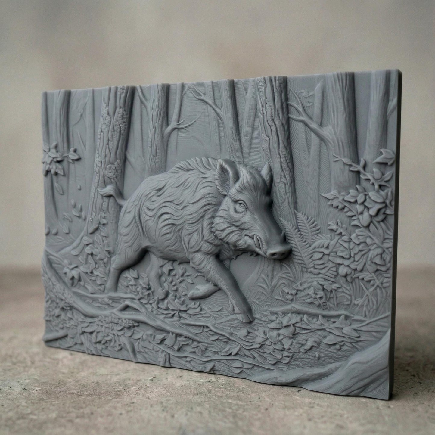 Highly detailed bas-relief carving of a wild boar walking through a dense forest, surrounded by textured tree trunks, fallen branches, leaves, and foliage, capturing motion, strength, and rugged wilderness atmosphere in a natural wood carving style.