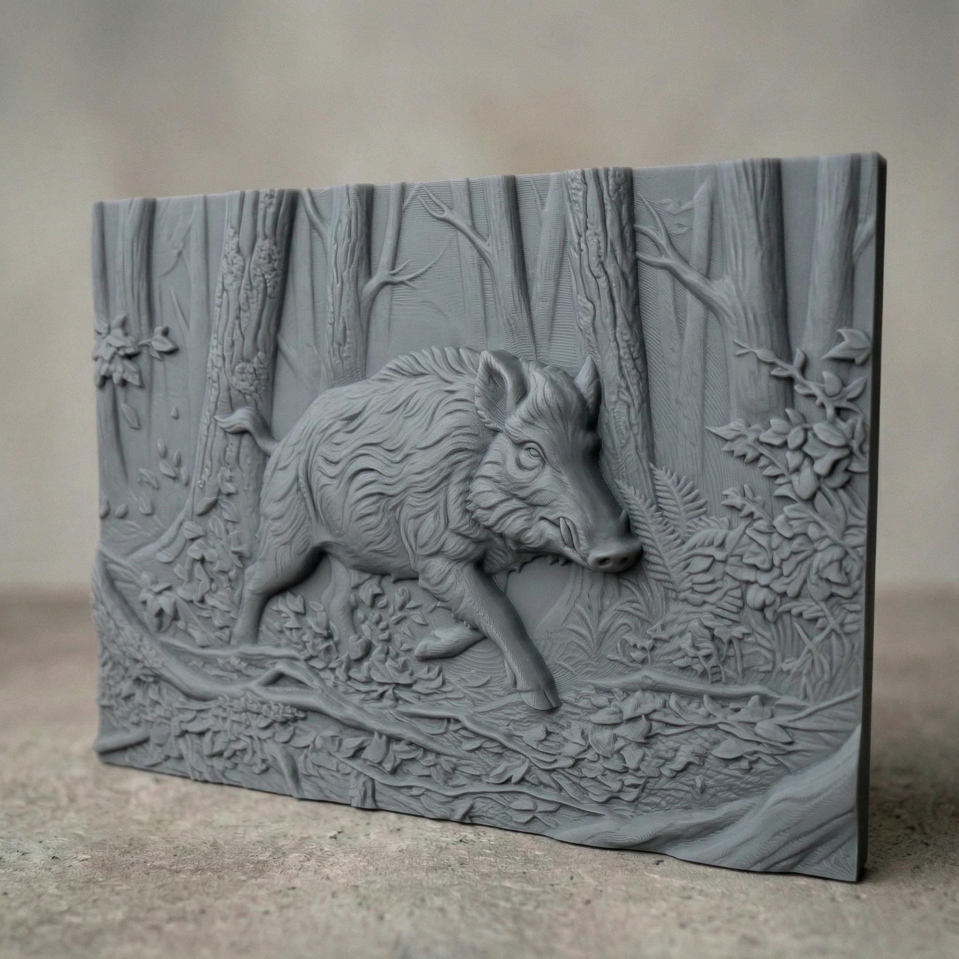 Highly detailed bas-relief carving of a wild boar walking through a dense forest, surrounded by textured tree trunks, fallen branches, leaves, and foliage, capturing motion, strength, and rugged wilderness atmosphere in a natural wood carving style.