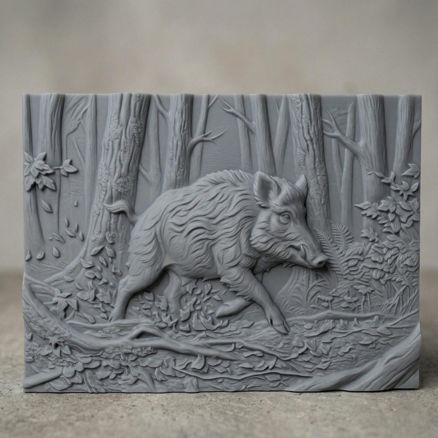 Highly detailed bas-relief carving of a wild boar walking through a dense forest, surrounded by textured tree trunks, fallen branches, leaves, and foliage, capturing motion, strength, and rugged wilderness atmosphere in a natural wood carving style.