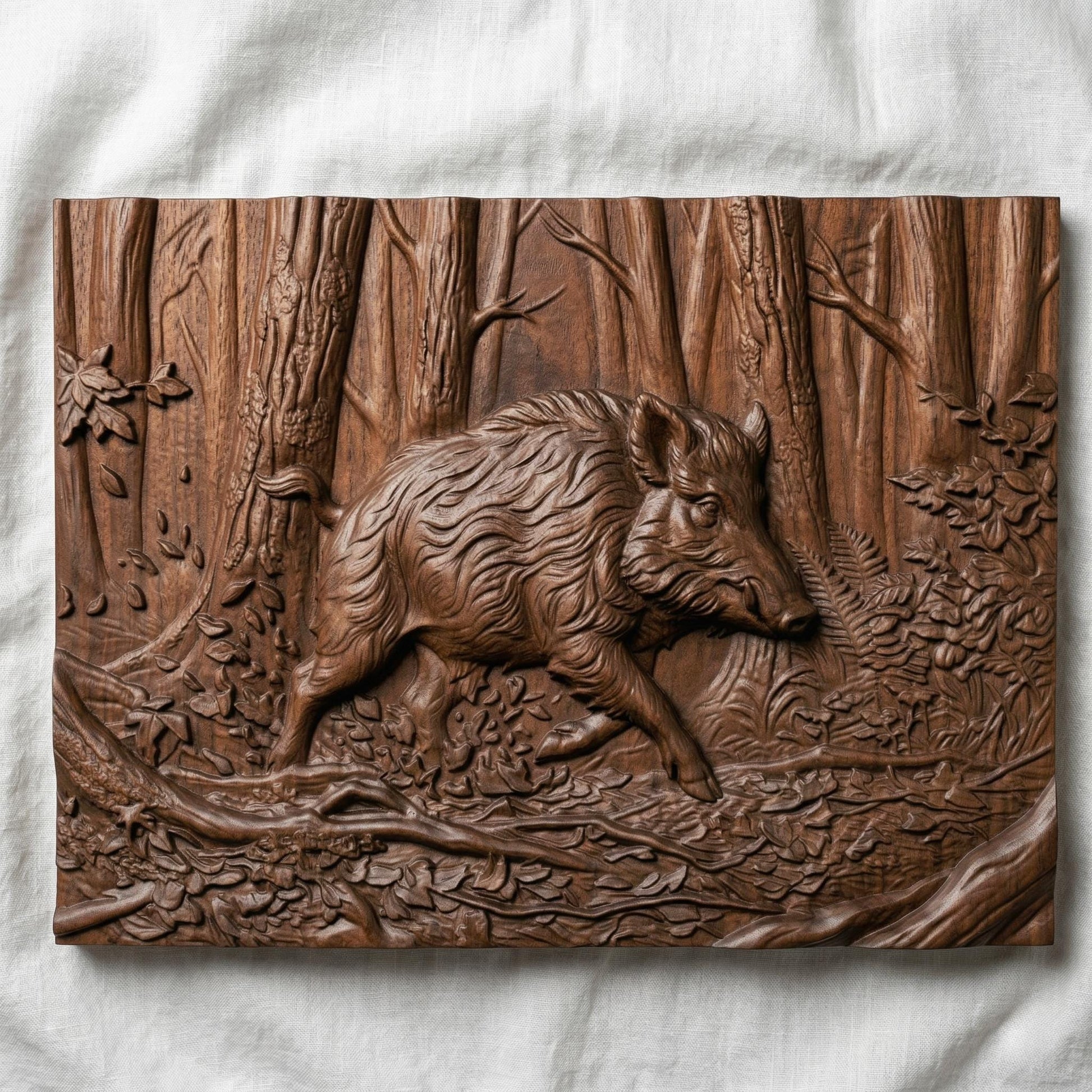 Highly detailed bas-relief carving of a wild boar walking through a dense forest, surrounded by textured tree trunks, fallen branches, leaves, and foliage, capturing motion, strength, and rugged wilderness atmosphere in a natural wood carving style.