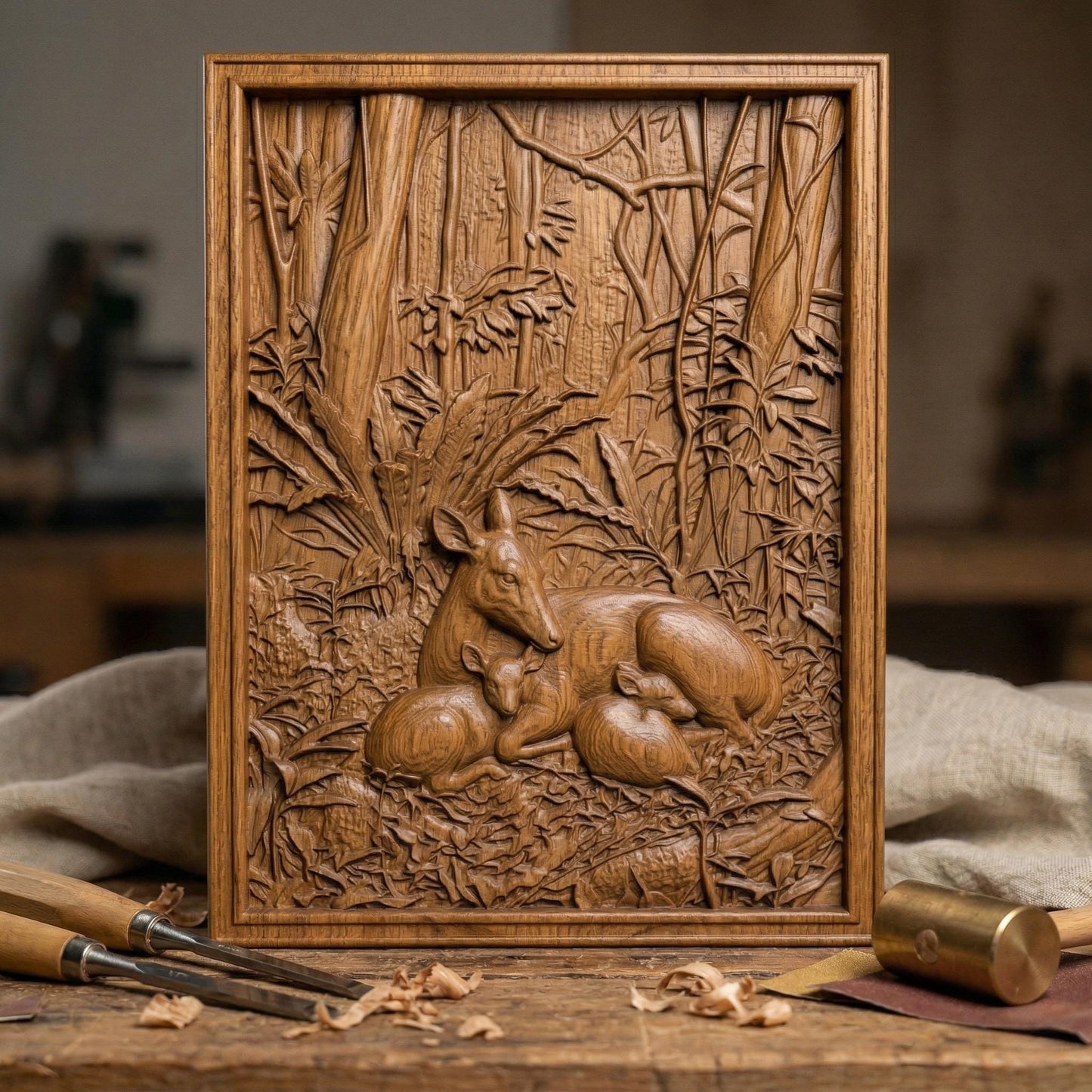 Detailed bas-relief carving of a deer resting peacefully with two fawns nestled beside it in a dense forest setting, surrounded by lush foliage, textured leaves, and tall trees, capturing warmth, protection, and tranquility in a natural woodland scene.