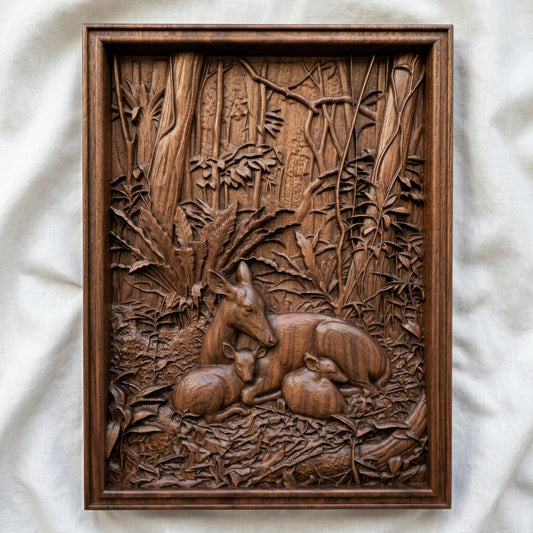 Detailed bas-relief carving of a deer resting peacefully with two fawns nestled beside it in a dense forest setting, surrounded by lush foliage, textured leaves, and tall trees, capturing warmth, protection, and tranquility in a natural woodland scene.