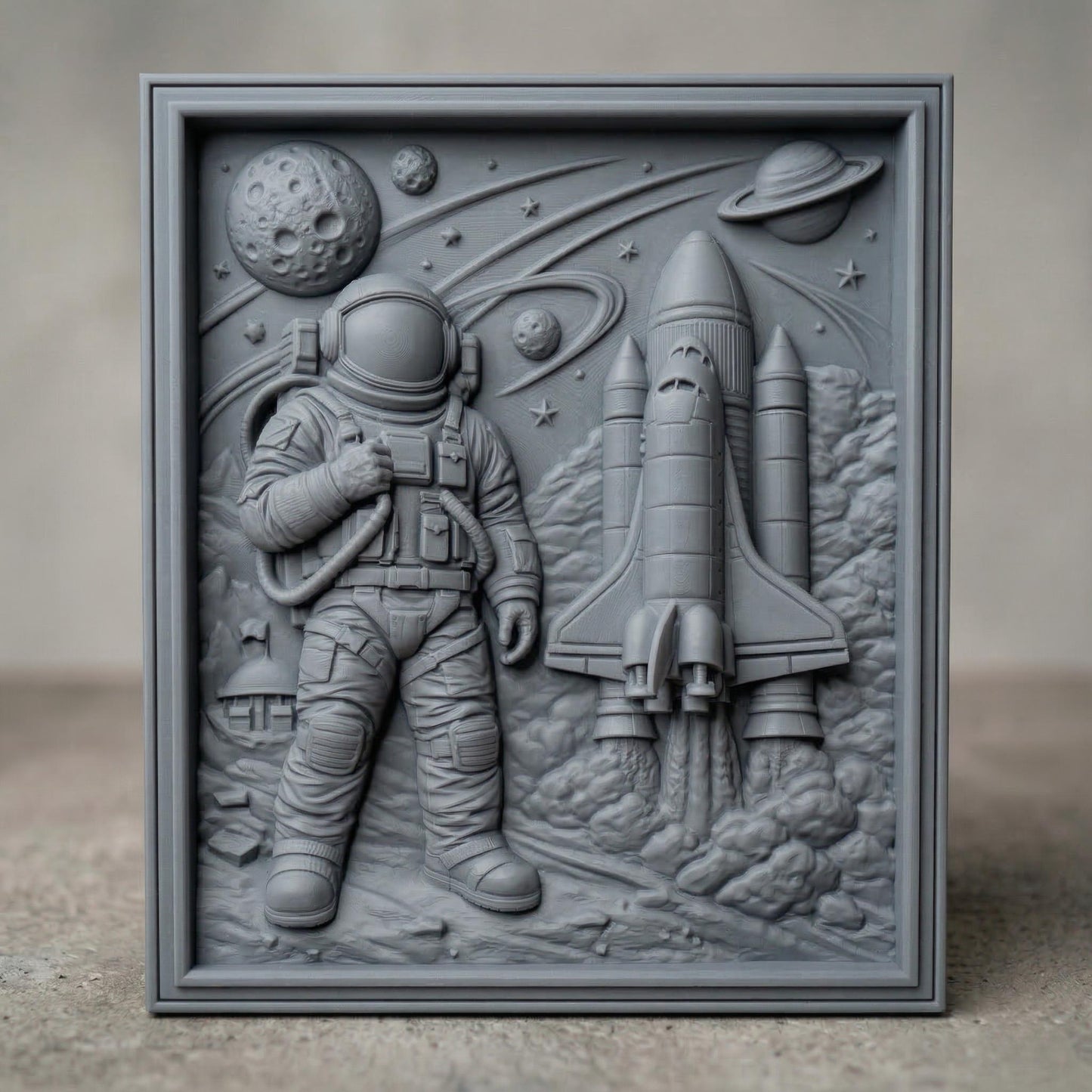 Detailed wooden bas-relief style carving of an astronaut in a full spacesuit standing beside a launching space shuttle. The scene includes planets, stars, a cratered moon, and orbiting rings carved into the background sky. Billowing smoke surrounds the rocket engines, while the astronaut holds a tethered control device. The composition evokes classic space exploration imagery and scientific adventure in a sculpted relief panel.