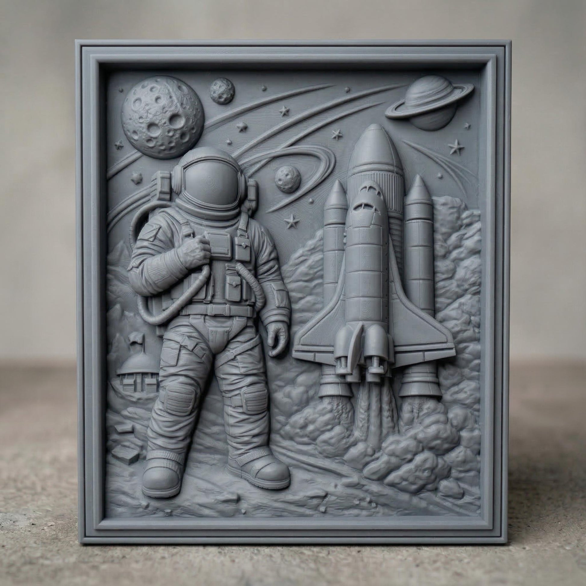 Detailed wooden bas-relief style carving of an astronaut in a full spacesuit standing beside a launching space shuttle. The scene includes planets, stars, a cratered moon, and orbiting rings carved into the background sky. Billowing smoke surrounds the rocket engines, while the astronaut holds a tethered control device. The composition evokes classic space exploration imagery and scientific adventure in a sculpted relief panel.