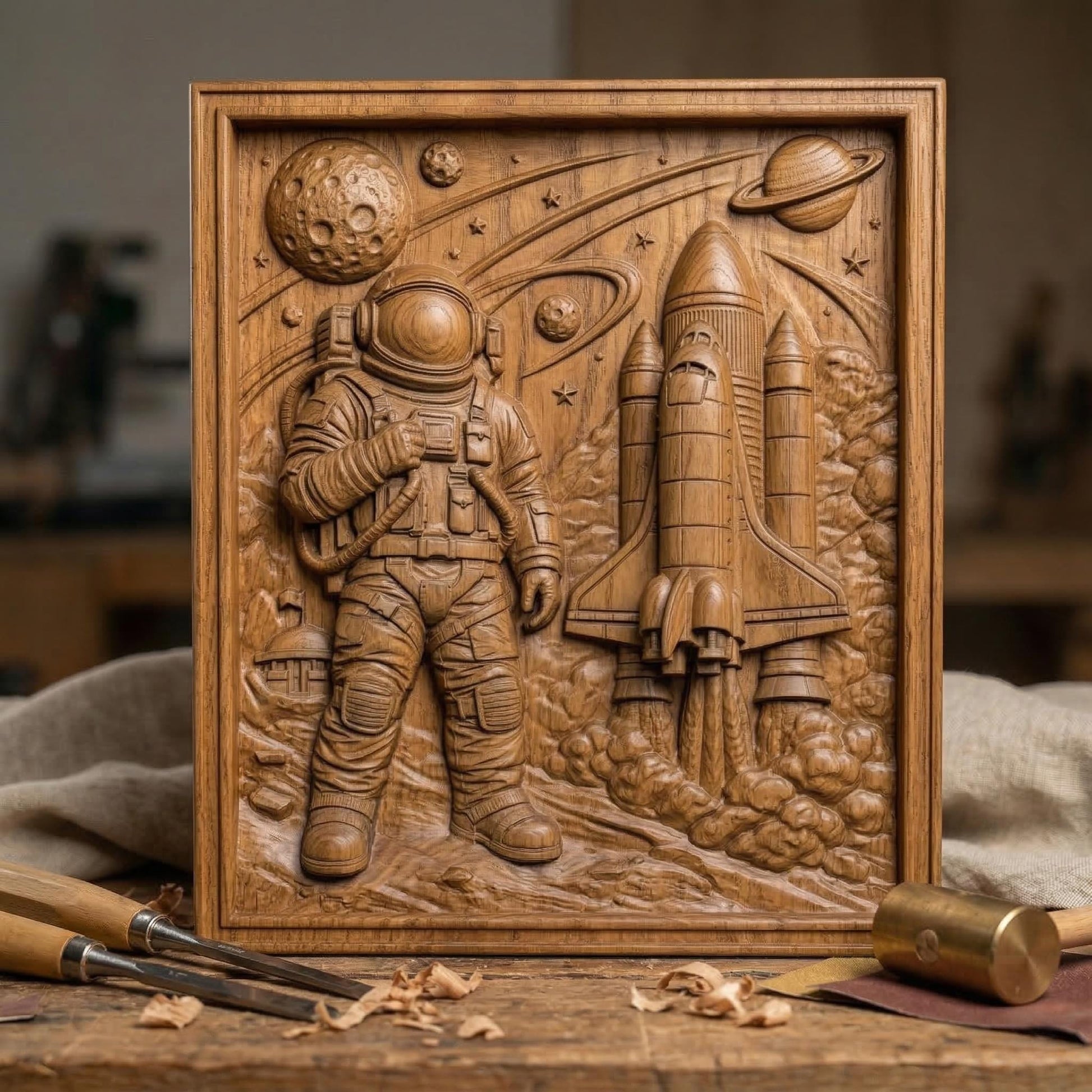 Detailed wooden bas-relief style carving of an astronaut in a full spacesuit standing beside a launching space shuttle. The scene includes planets, stars, a cratered moon, and orbiting rings carved into the background sky. Billowing smoke surrounds the rocket engines, while the astronaut holds a tethered control device. The composition evokes classic space exploration imagery and scientific adventure in a sculpted relief panel.