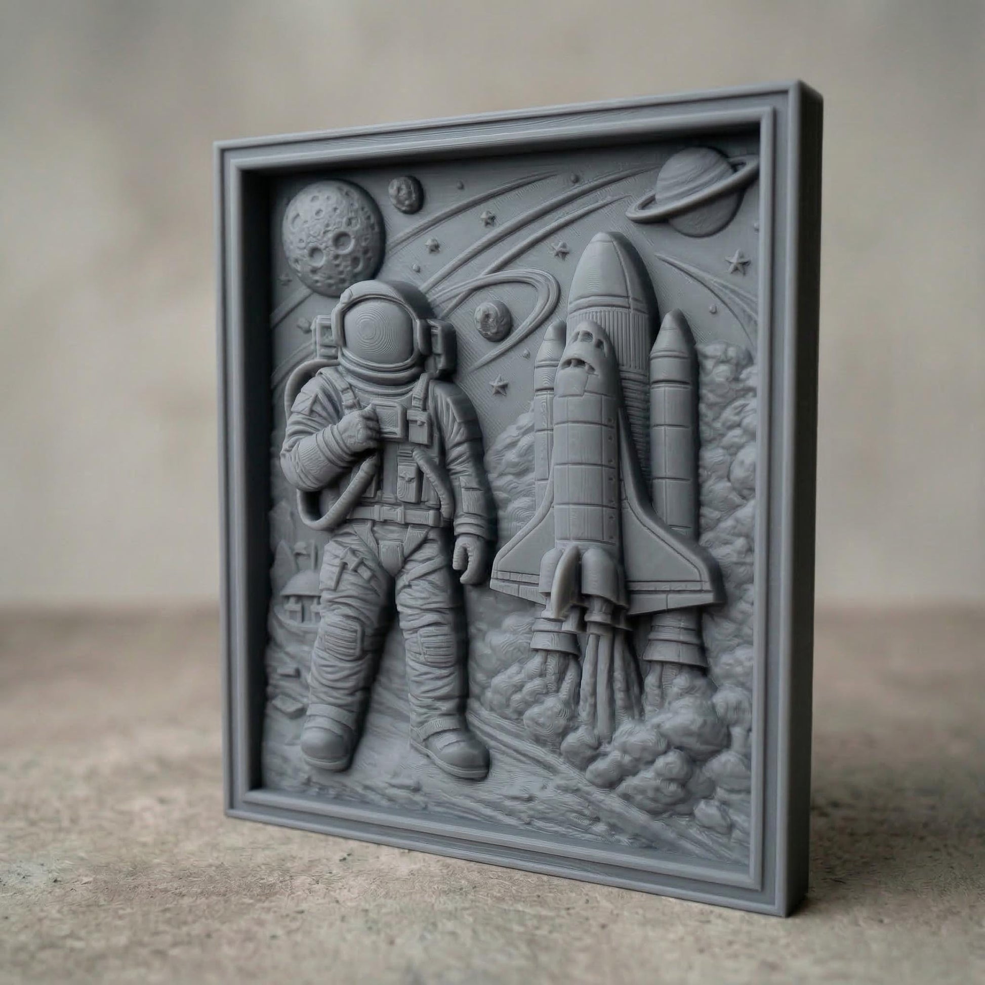 Detailed wooden bas-relief style carving of an astronaut in a full spacesuit standing beside a launching space shuttle. The scene includes planets, stars, a cratered moon, and orbiting rings carved into the background sky. Billowing smoke surrounds the rocket engines, while the astronaut holds a tethered control device. The composition evokes classic space exploration imagery and scientific adventure in a sculpted relief panel.