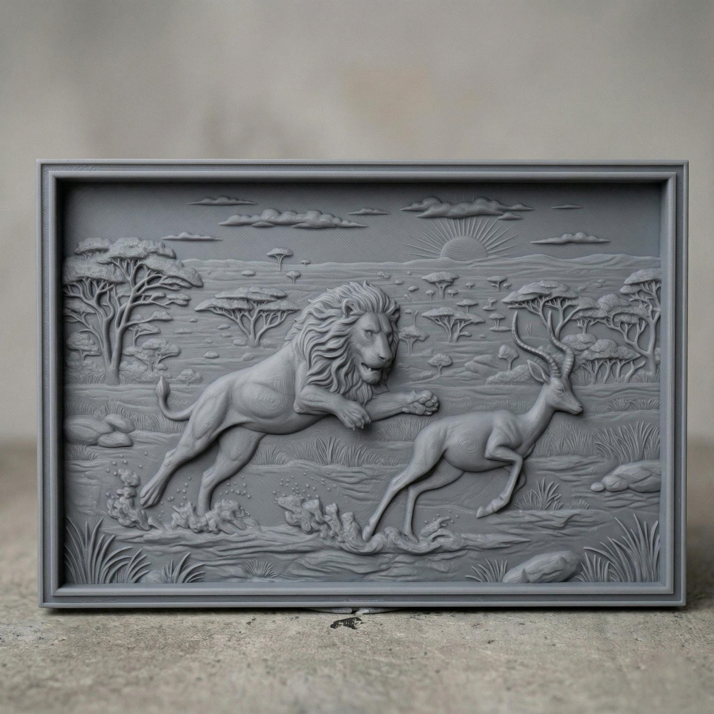 Intricate bas-relief carving of a lion mid-chase pursuing a gazelle across an African savanna landscape, with acacia trees, distant wildlife, and a rising sun on the horizon, capturing motion, tension, and raw nature in a dramatic wildlife scene.