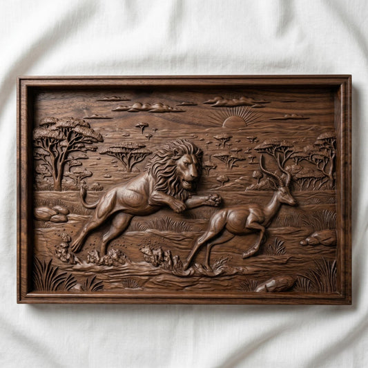 Intricate bas-relief carving of a lion mid-chase pursuing a gazelle across an African savanna landscape, with acacia trees, distant wildlife, and a rising sun on the horizon, capturing motion, tension, and raw nature in a dramatic wildlife scene.