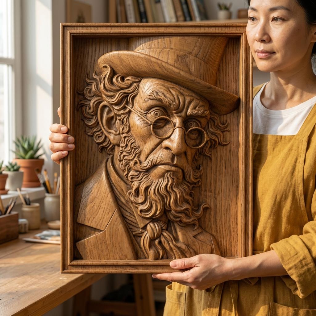 Decorative bas-relief sculpture of a classic Irish leprechaun with a tall hat, round glasses, and a long textured beard. The whimsical character features expressive facial details and vintage attire, evoking traditional Irish folklore and St Patrick’s Day symbolism. Designed as a framed relief panel with deep carving details ideal for CNC carving, 3D printing, and decorative wall art.