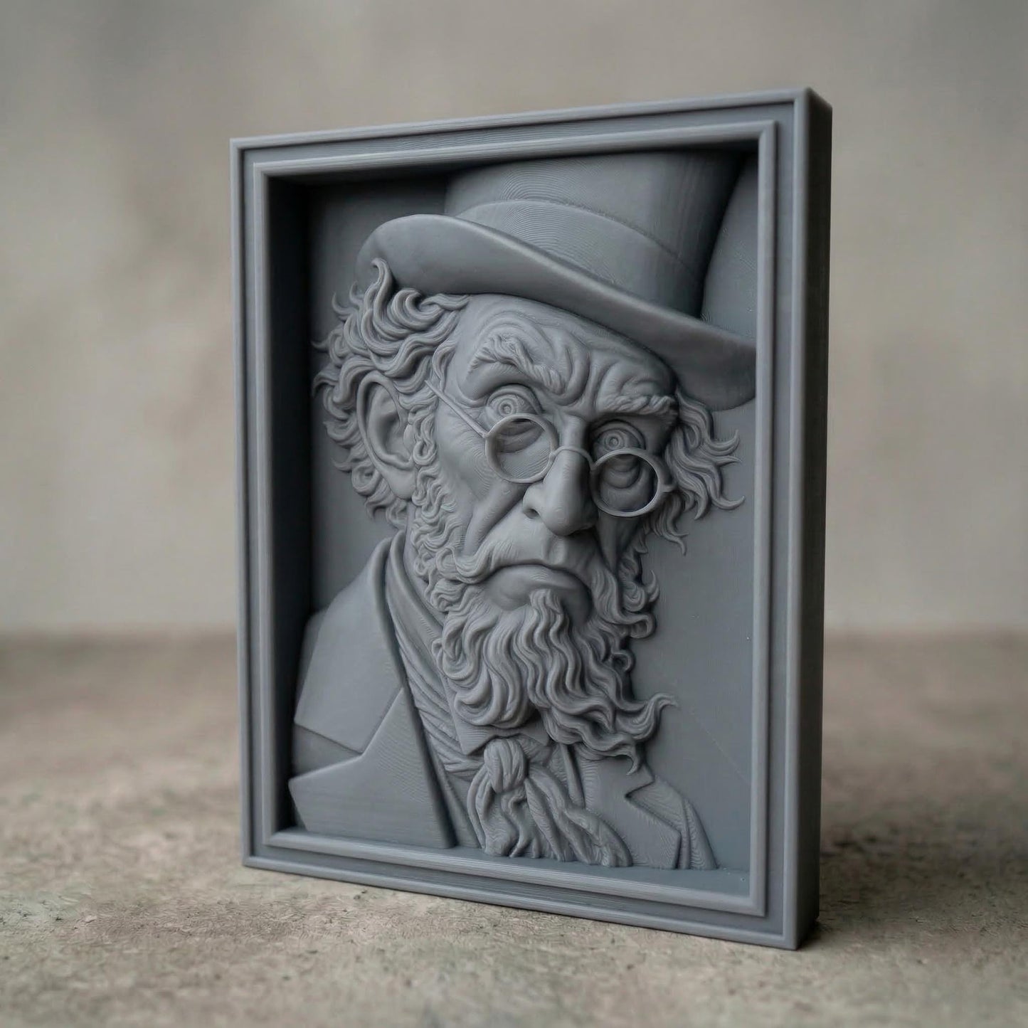 Decorative bas-relief sculpture of a classic Irish leprechaun with a tall hat, round glasses, and a long textured beard. The whimsical character features expressive facial details and vintage attire, evoking traditional Irish folklore and St Patrick’s Day symbolism. Designed as a framed relief panel with deep carving details ideal for CNC carving, 3D printing, and decorative wall art.