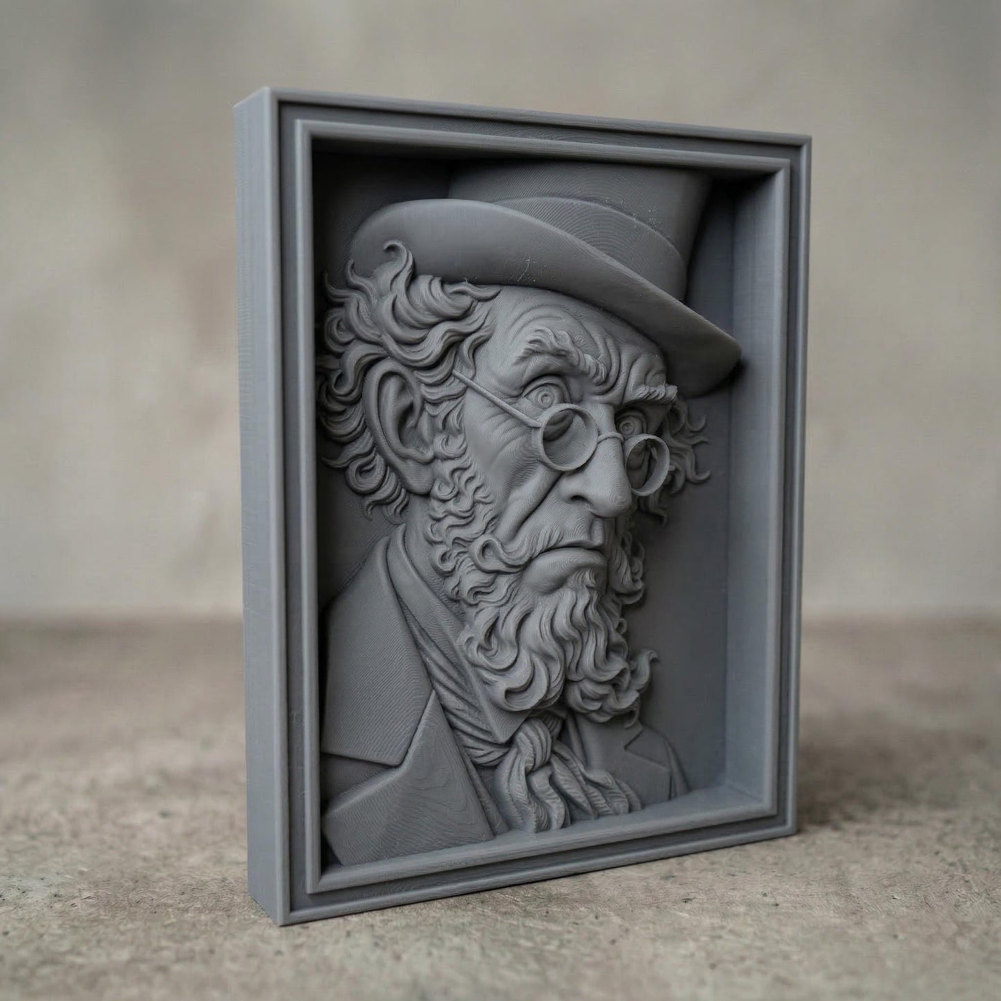 Decorative bas-relief sculpture of a classic Irish leprechaun with a tall hat, round glasses, and a long textured beard. The whimsical character features expressive facial details and vintage attire, evoking traditional Irish folklore and St Patrick’s Day symbolism. Designed as a framed relief panel with deep carving details ideal for CNC carving, 3D printing, and decorative wall art.