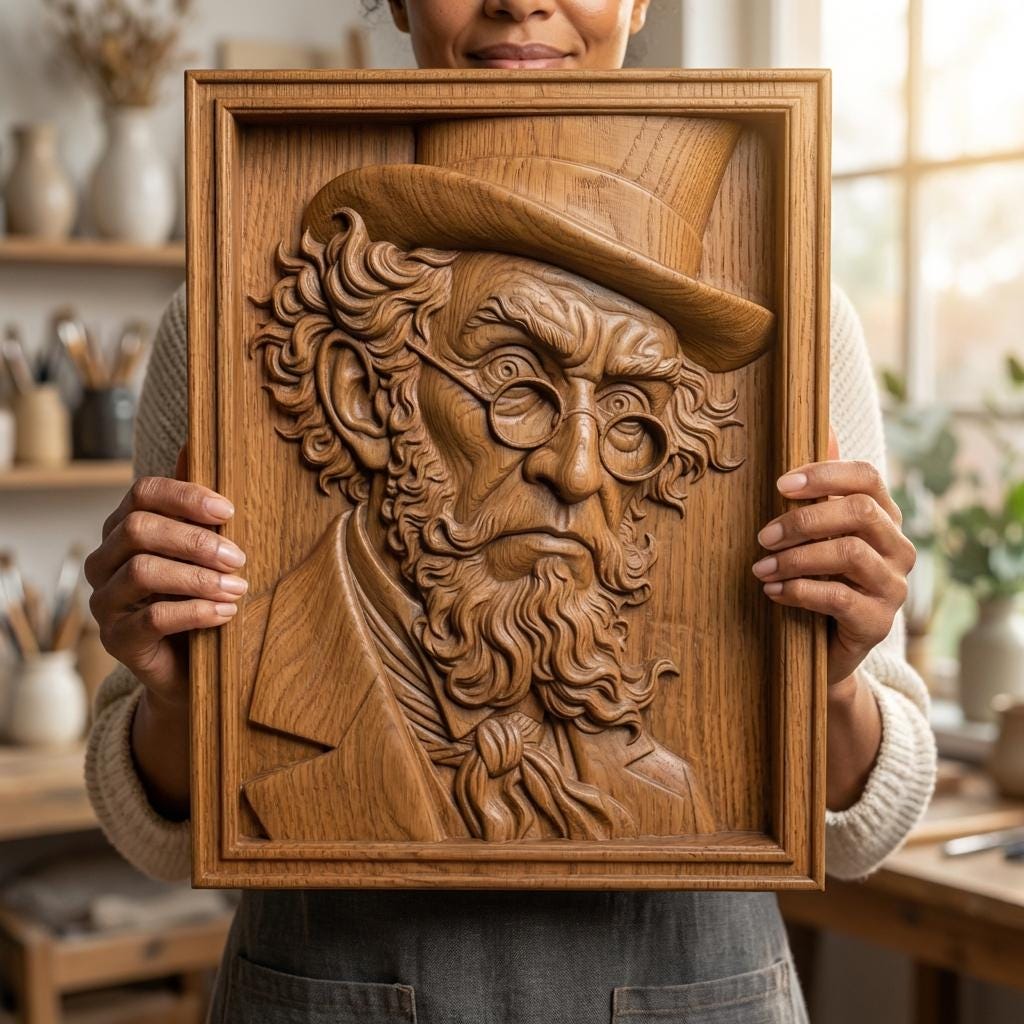 Decorative bas-relief sculpture of a classic Irish leprechaun with a tall hat, round glasses, and a long textured beard. The whimsical character features expressive facial details and vintage attire, evoking traditional Irish folklore and St Patrick’s Day symbolism. Designed as a framed relief panel with deep carving details ideal for CNC carving, 3D printing, and decorative wall art.
