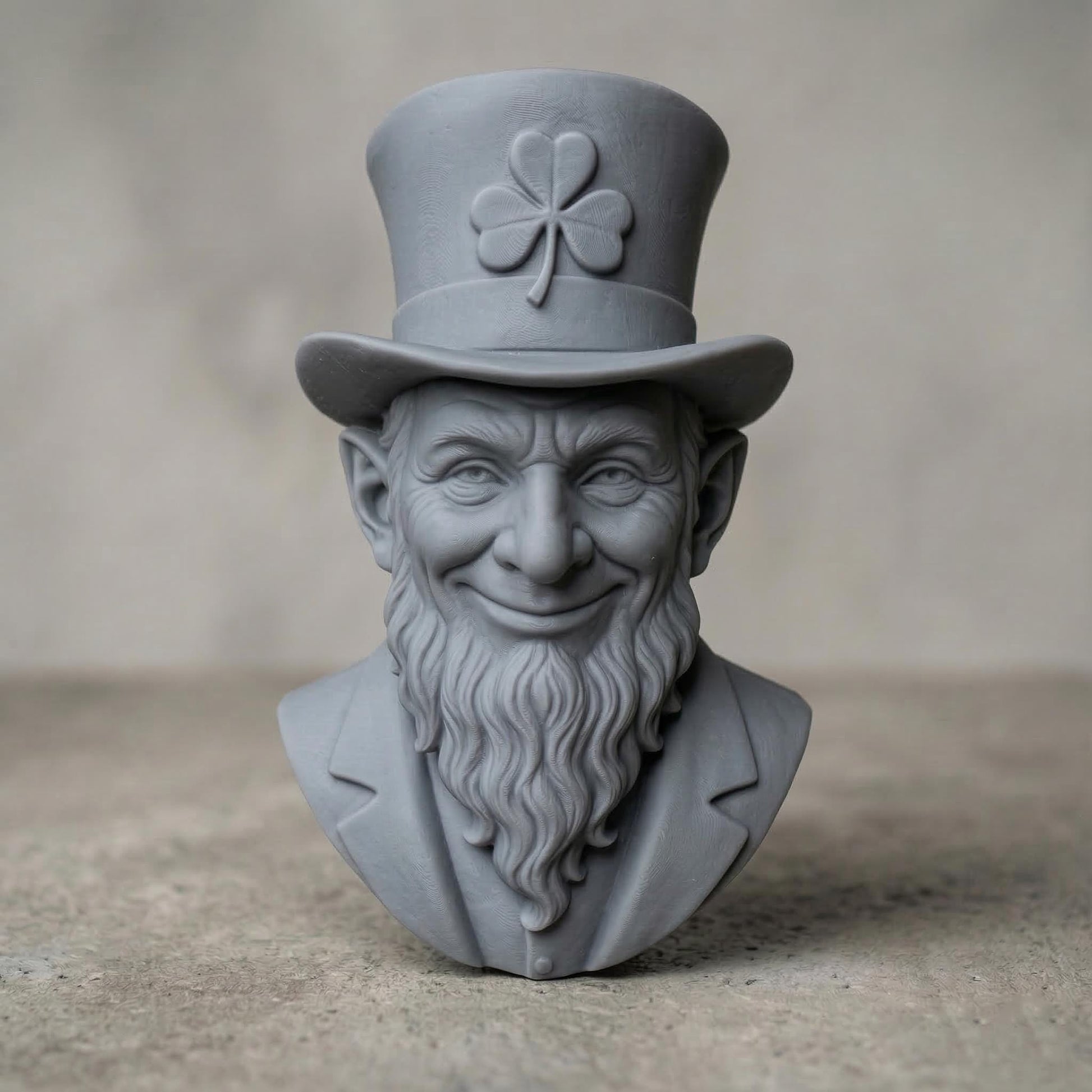 High-resolution 3D bas-relief sculpture of a leprechaun bust carved from polished wood, featuring a joyful and mischievous expression. The figure wears a tall top hat with a prominently carved shamrock emblem, and a detailed long beard with realistic texture. This symmetrical, front-facing relief is perfect for CNC carving, laser engraving, or Irish-themed wall art. Ideal for St. Patrick’s Day decorations or unique wooden gift ideas with rich wood grain texture.