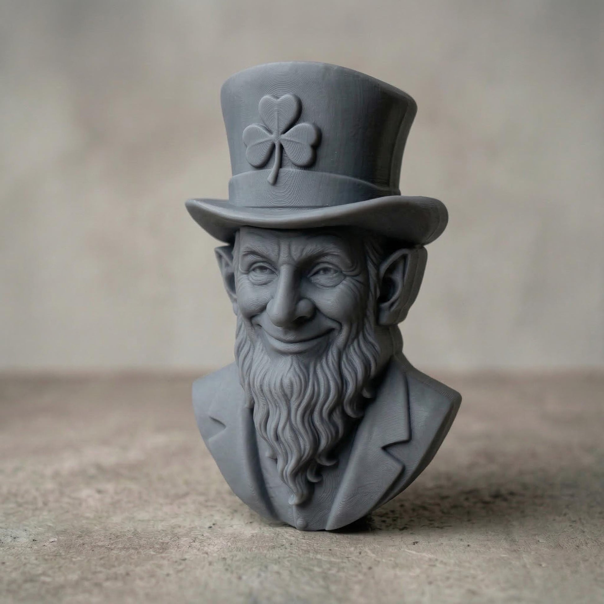 High-resolution 3D bas-relief sculpture of a leprechaun bust carved from polished wood, featuring a joyful and mischievous expression. The figure wears a tall top hat with a prominently carved shamrock emblem, and a detailed long beard with realistic texture. This symmetrical, front-facing relief is perfect for CNC carving, laser engraving, or Irish-themed wall art. Ideal for St. Patrick’s Day decorations or unique wooden gift ideas with rich wood grain texture.