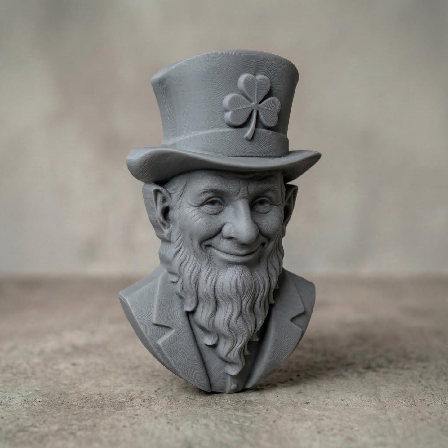 High-resolution 3D bas-relief sculpture of a leprechaun bust carved from polished wood, featuring a joyful and mischievous expression. The figure wears a tall top hat with a prominently carved shamrock emblem, and a detailed long beard with realistic texture. This symmetrical, front-facing relief is perfect for CNC carving, laser engraving, or Irish-themed wall art. Ideal for St. Patrick’s Day decorations or unique wooden gift ideas with rich wood grain texture.