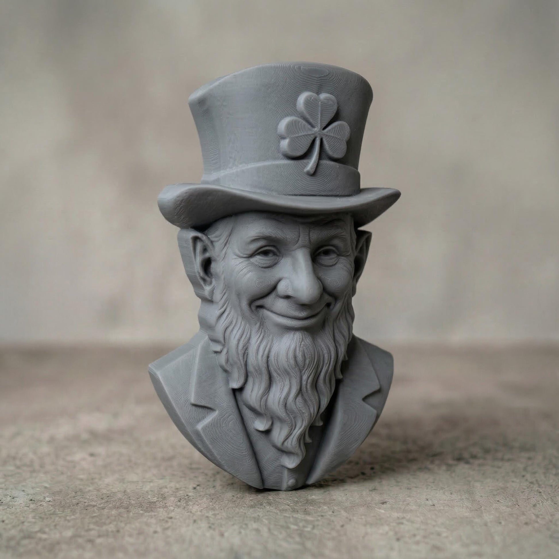 High-resolution 3D bas-relief sculpture of a leprechaun bust carved from polished wood, featuring a joyful and mischievous expression. The figure wears a tall top hat with a prominently carved shamrock emblem, and a detailed long beard with realistic texture. This symmetrical, front-facing relief is perfect for CNC carving, laser engraving, or Irish-themed wall art. Ideal for St. Patrick’s Day decorations or unique wooden gift ideas with rich wood grain texture.