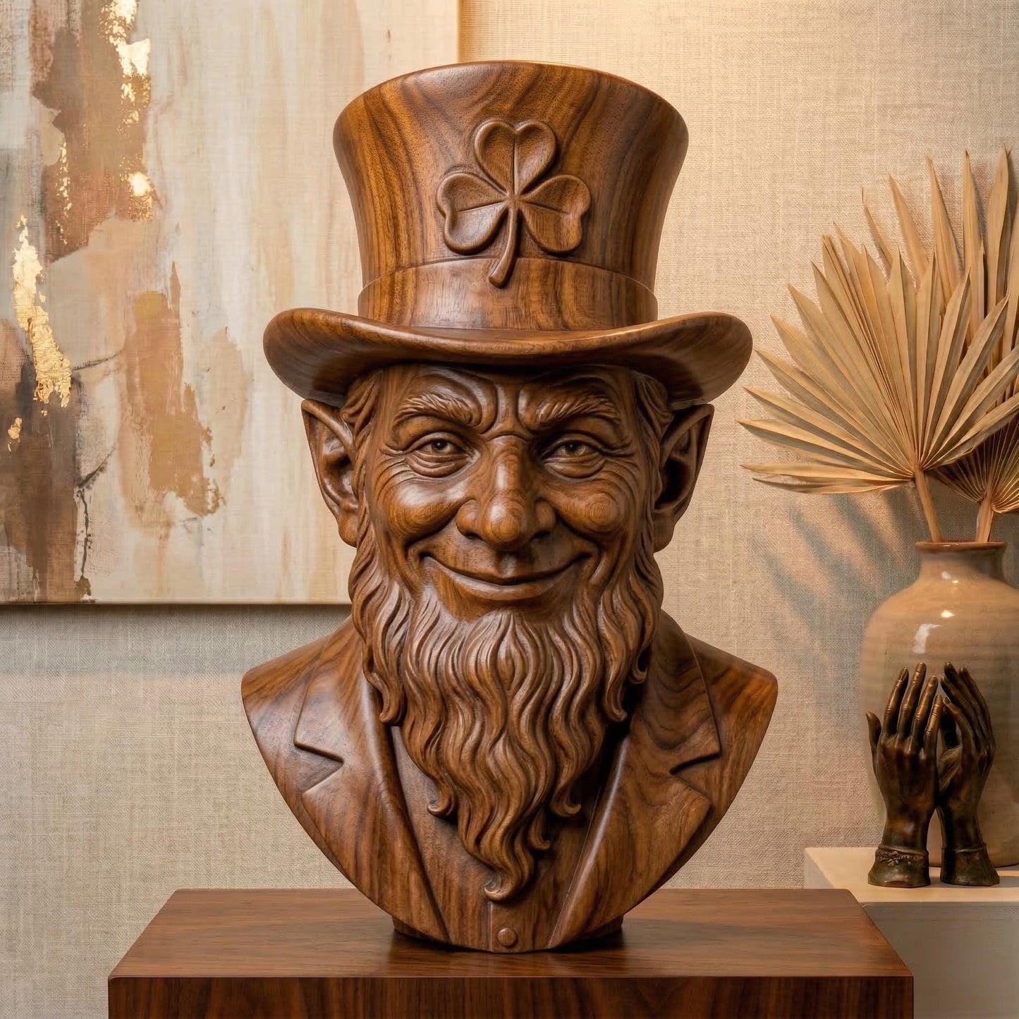 High-resolution 3D bas-relief sculpture of a leprechaun bust carved from polished wood, featuring a joyful and mischievous expression. The figure wears a tall top hat with a prominently carved shamrock emblem, and a detailed long beard with realistic texture. This symmetrical, front-facing relief is perfect for CNC carving, laser engraving, or Irish-themed wall art. Ideal for St. Patrick’s Day decorations or unique wooden gift ideas with rich wood grain texture.