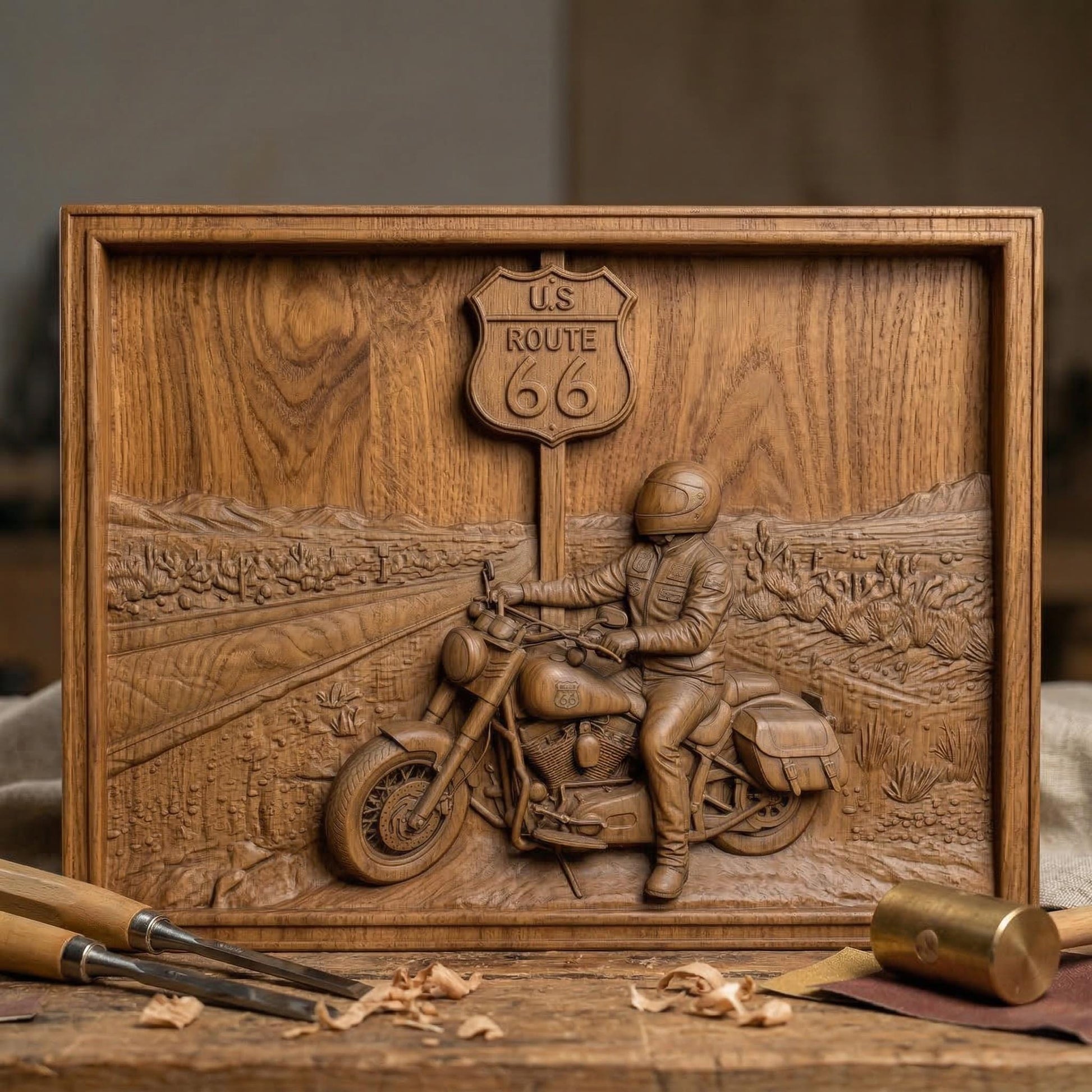 Detailed bas-relief scene of a motorcycle rider parked beside a US Route 66 road sign in a desert highway landscape. The rider wears a helmet and leather riding gear while sitting on a classic touring motorcycle with saddlebags. The background shows an open road stretching through desert terrain with cacti and distant mountains, symbolizing freedom, adventure, and the iconic American road trip culture.