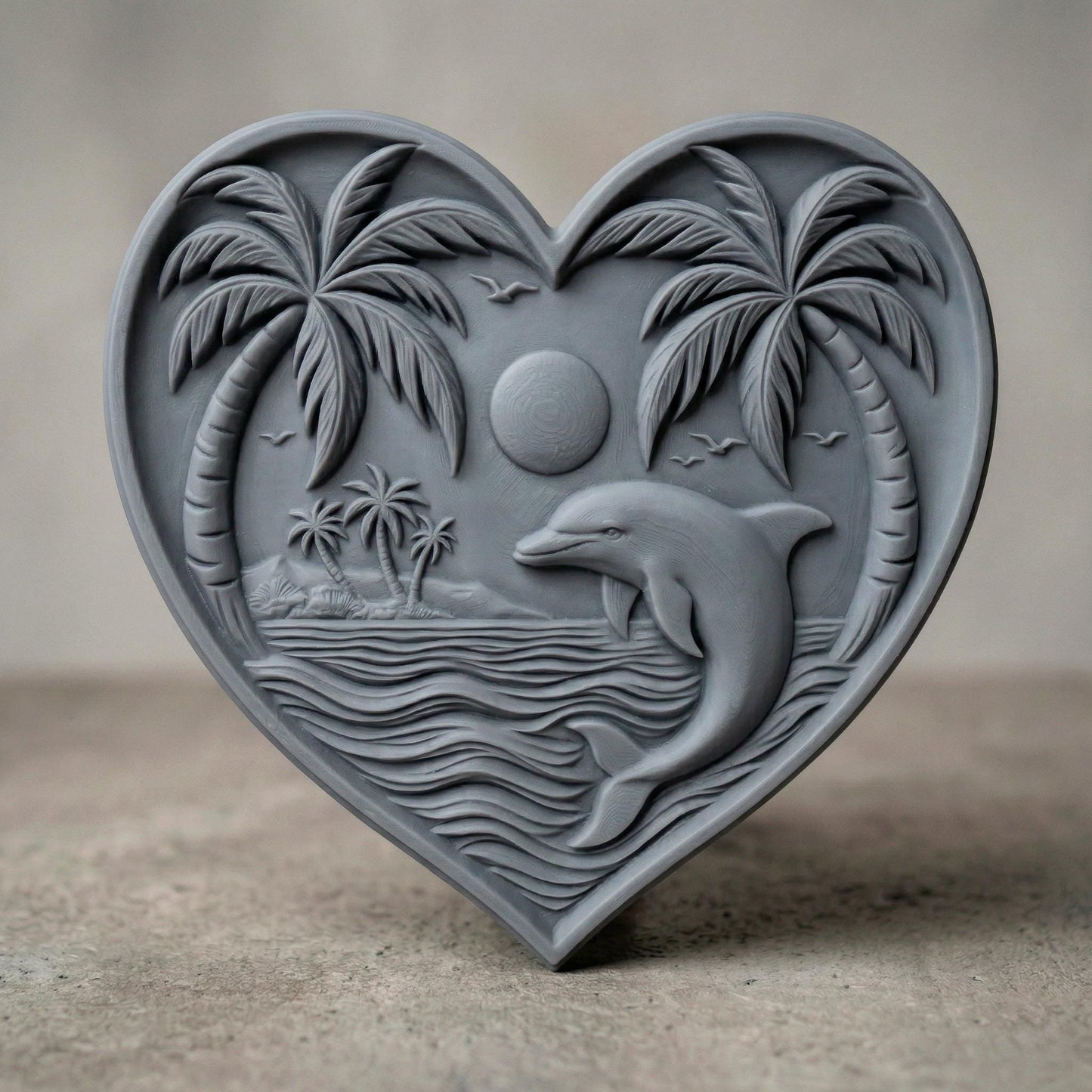 Heart-shaped bas-relief carving featuring a leaping dolphin in ocean waves beneath a tropical sunset, framed by curved palm trees and a small island in the background. Fine wood grain texture enhances depth, with birds in the sky and layered water lines creating a serene coastal scene symbolizing love, freedom, and tranquility.