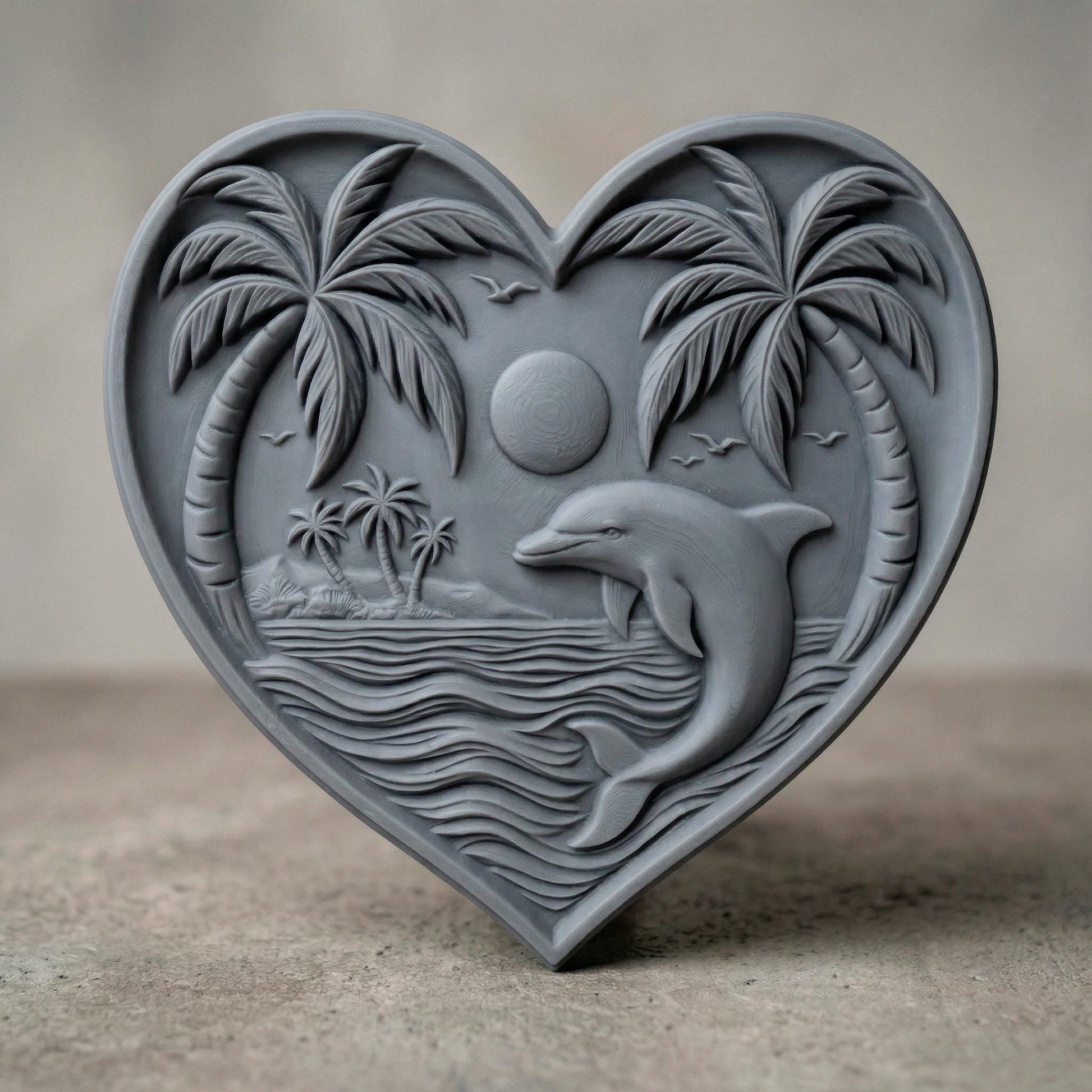Heart-shaped bas-relief carving featuring a leaping dolphin in ocean waves beneath a tropical sunset, framed by curved palm trees and a small island in the background. Fine wood grain texture enhances depth, with birds in the sky and layered water lines creating a serene coastal scene symbolizing love, freedom, and tranquility.