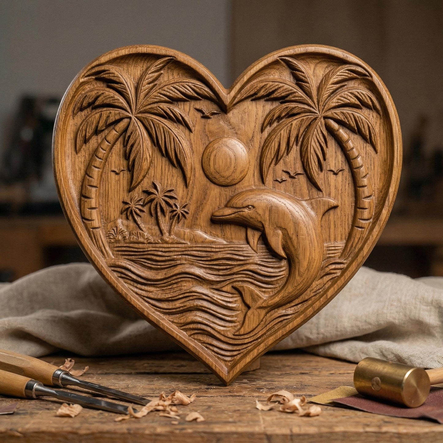 Heart-shaped bas-relief carving featuring a leaping dolphin in ocean waves beneath a tropical sunset, framed by curved palm trees and a small island in the background. Fine wood grain texture enhances depth, with birds in the sky and layered water lines creating a serene coastal scene symbolizing love, freedom, and tranquility.