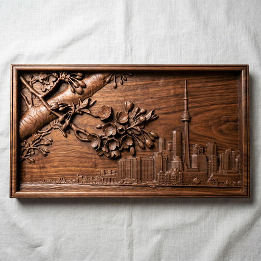 Elegant bas-relief carving of Toronto skyline featuring the CN Tower and Rogers Centre beneath a detailed cherry blossom branch in full spring bloom. The blossoms stretch across the scene above layered city buildings, with rich wood grain texture and smooth depth creating a harmonious blend of urban architecture and natural beauty.