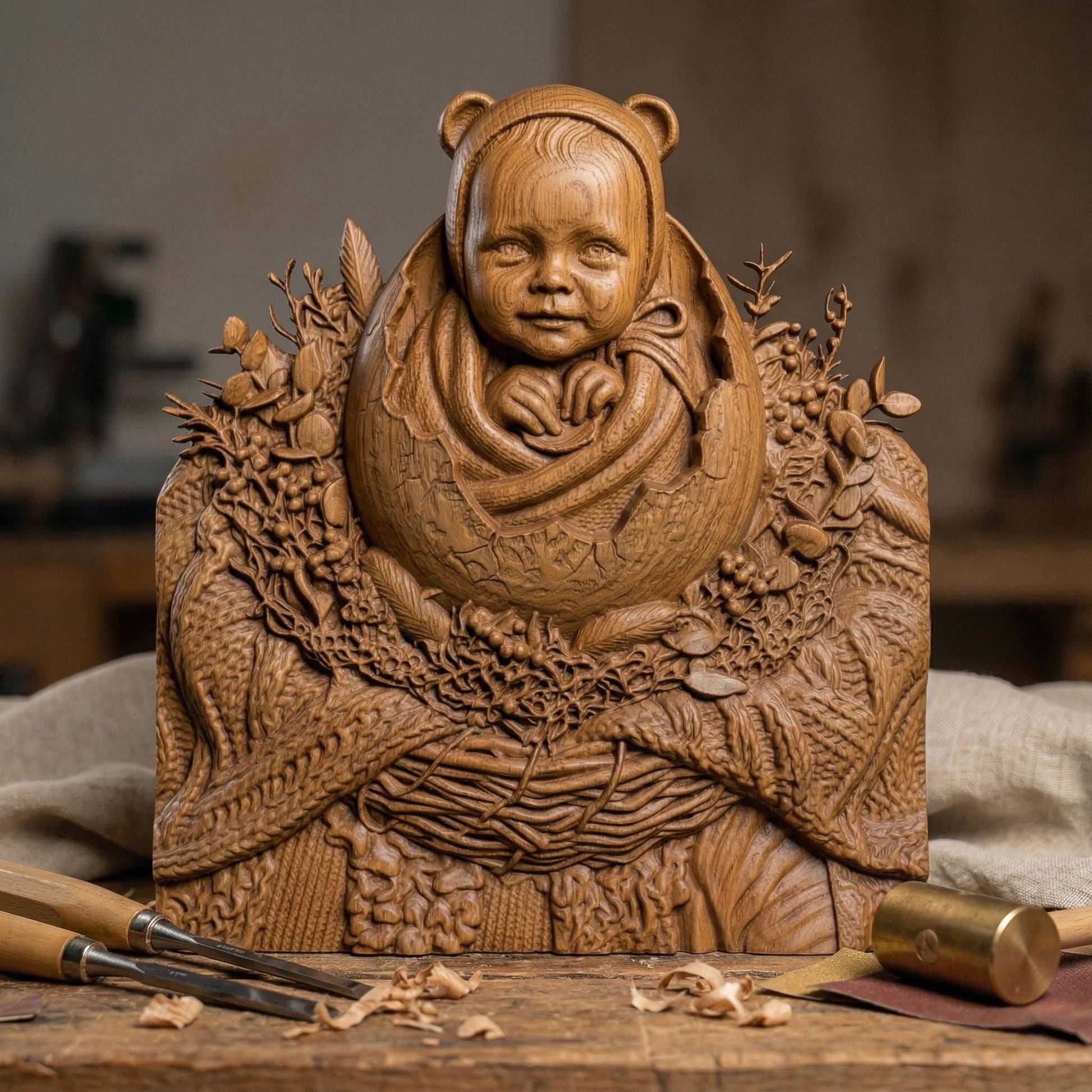 Highly detailed bas-relief carving of a smiling baby emerging from a cracked egg, surrounded by a woven nest and delicate foliage. The phrase “Hatching Soon” arches above, symbolizing anticipation and new life. Soft textures and layered wood grain create a warm, nurturing scene ideal for nursery decor or pregnancy announcements.