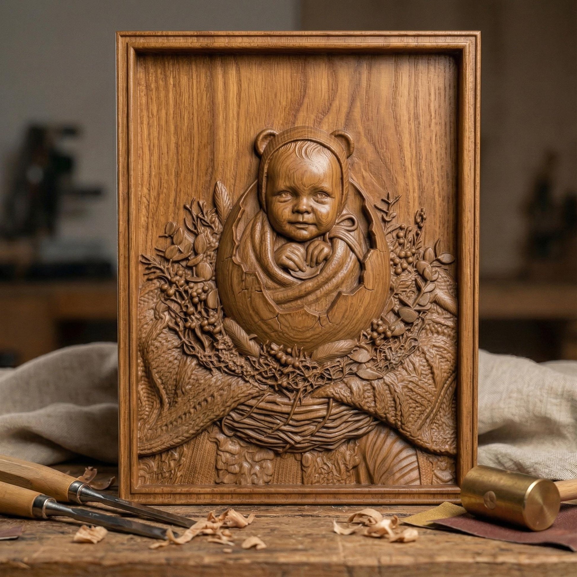 Highly detailed bas-relief carving of a smiling baby emerging from a cracked egg, surrounded by a woven nest and delicate foliage. The phrase “Hatching Soon” arches above, symbolizing anticipation and new life. Soft textures and layered wood grain create a warm, nurturing scene ideal for nursery decor or pregnancy announcements.