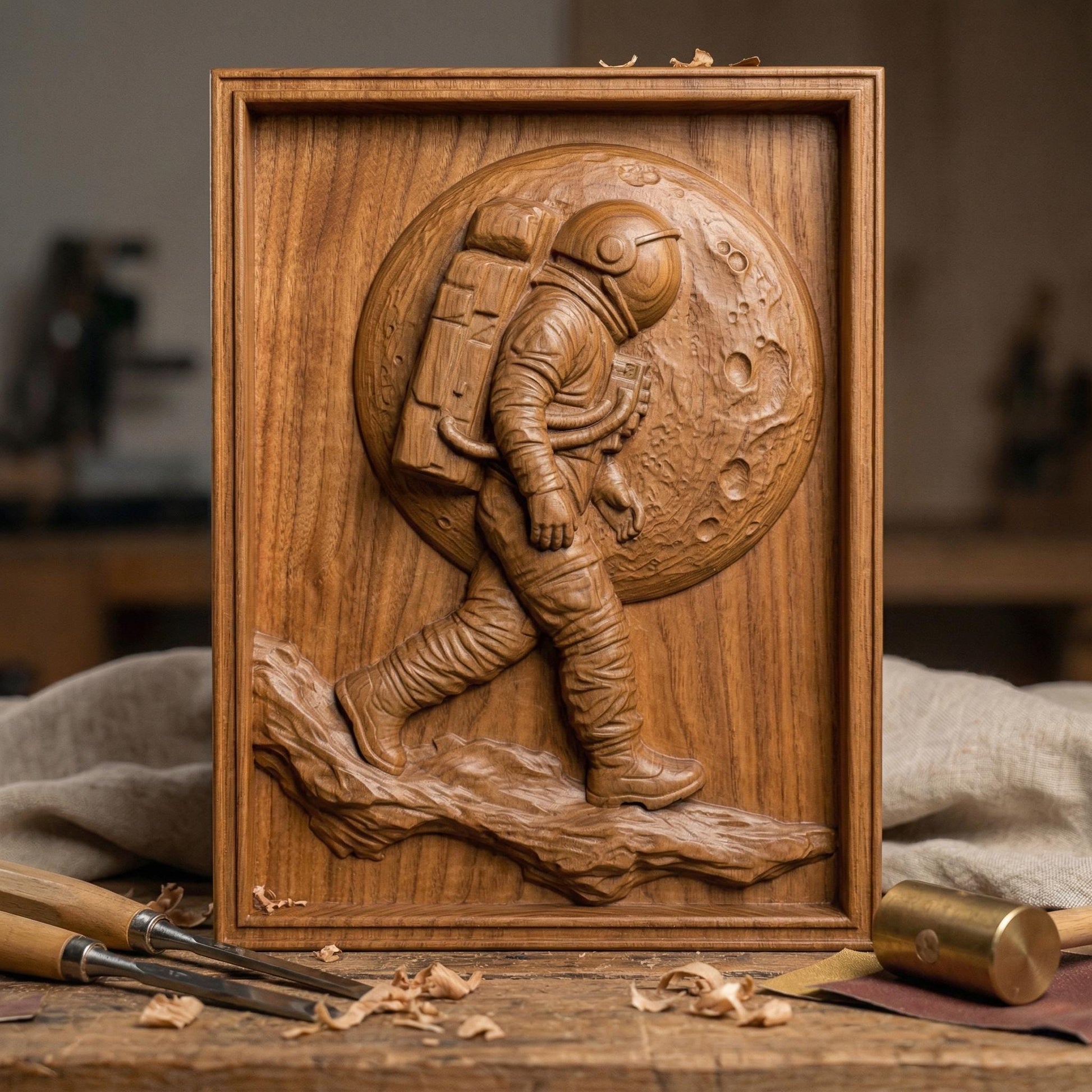 Detailed bas-relief carving of an astronaut walking across a rocky lunar surface with a large cratered moon behind. The figure wears a full space suit with backpack and helmet, captured mid-step in a futuristic exploration scene. Rich wood grain texture and depth create a bold, adventurous composition symbolizing discovery and space travel.