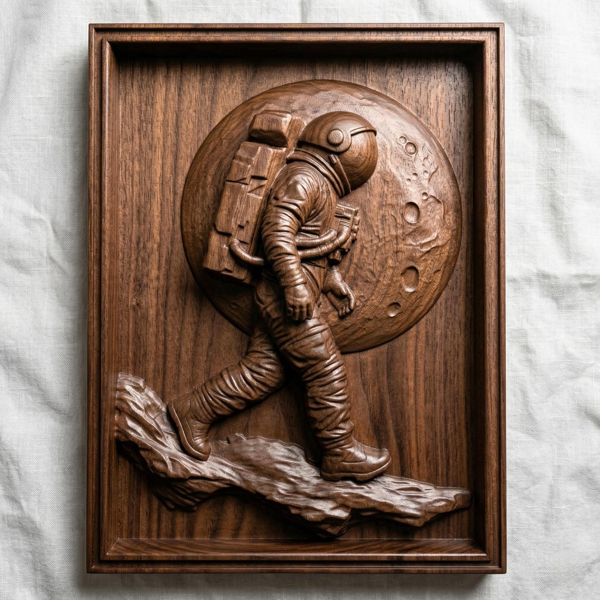 Detailed bas-relief carving of an astronaut walking across a rocky lunar surface with a large cratered moon behind. The figure wears a full space suit with backpack and helmet, captured mid-step in a futuristic exploration scene. Rich wood grain texture and depth create a bold, adventurous composition symbolizing discovery and space travel.