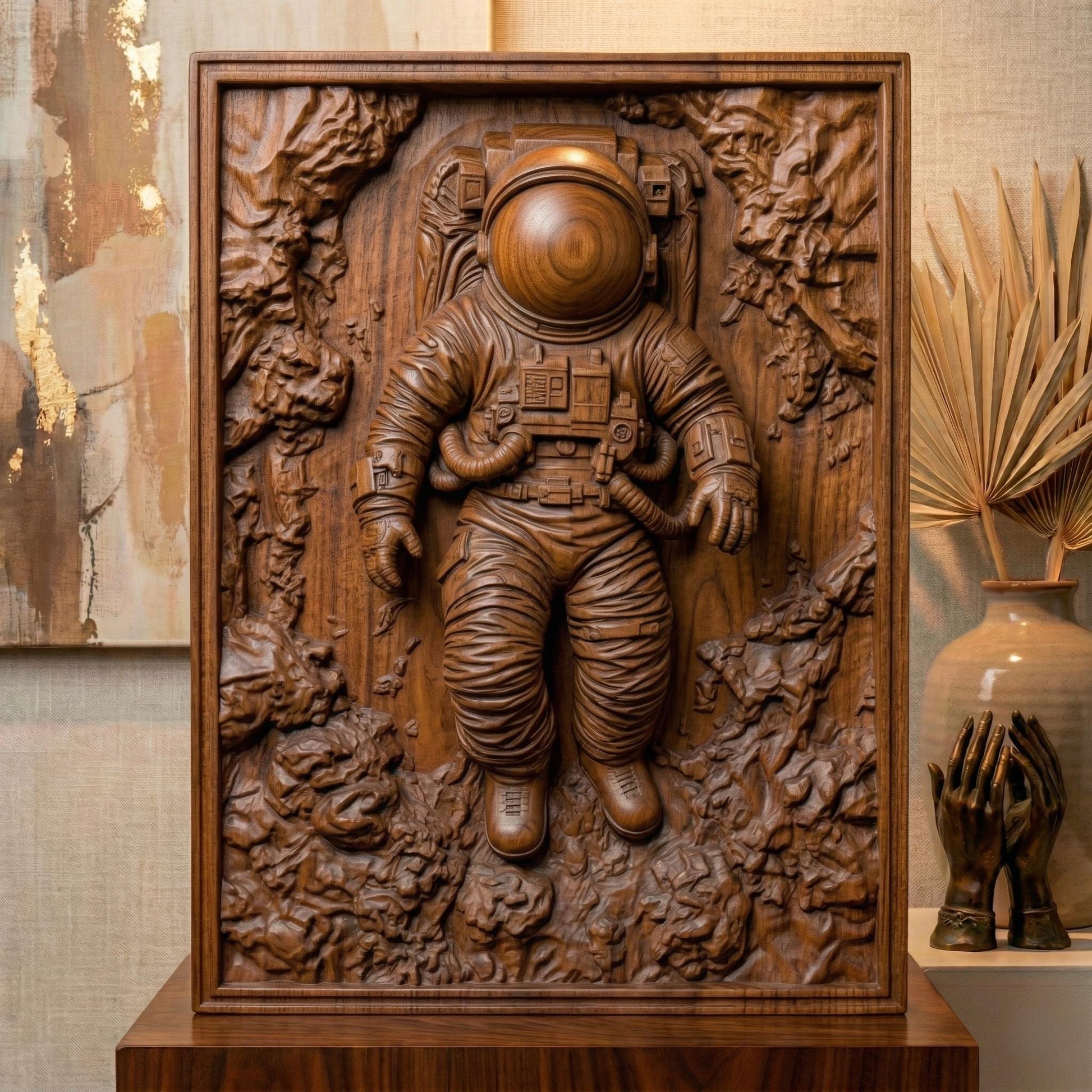 Intricate bas-relief carving of an astronaut floating weightlessly in space, surrounded by textured cosmic rock formations and abstract celestial terrain. The detailed suit, helmet, and tubing contrast with the organic, flowing background, while rich wood grain enhances depth and movement, evoking isolation, exploration, and the vast mystery of the universe.
