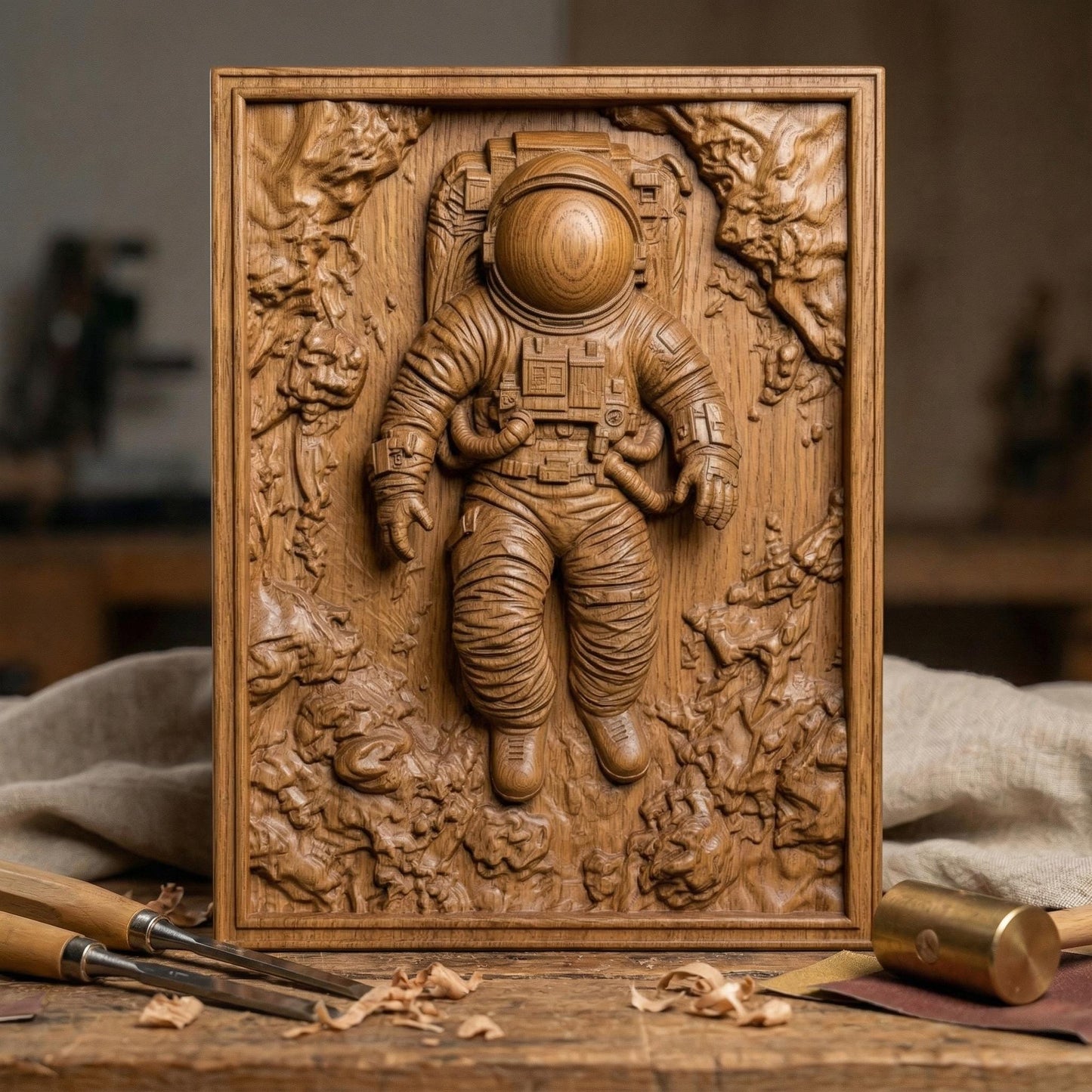 Intricate bas-relief carving of an astronaut floating weightlessly in space, surrounded by textured cosmic rock formations and abstract celestial terrain. The detailed suit, helmet, and tubing contrast with the organic, flowing background, while rich wood grain enhances depth and movement, evoking isolation, exploration, and the vast mystery of the universe.