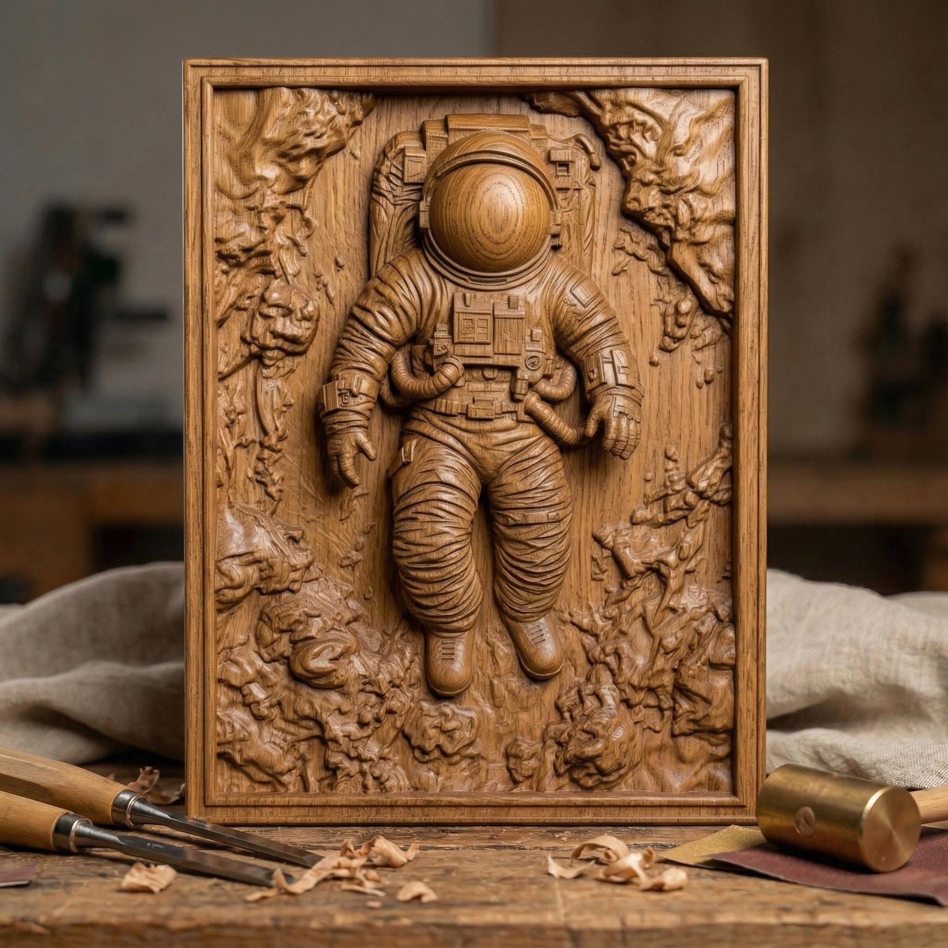 Intricate bas-relief carving of an astronaut floating weightlessly in space, surrounded by textured cosmic rock formations and abstract celestial terrain. The detailed suit, helmet, and tubing contrast with the organic, flowing background, while rich wood grain enhances depth and movement, evoking isolation, exploration, and the vast mystery of the universe.