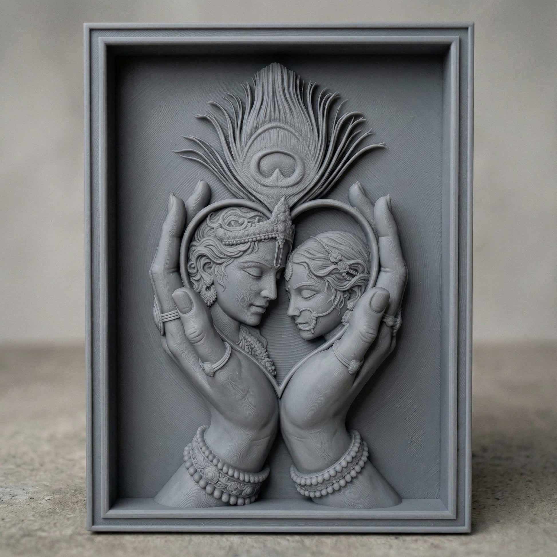 Intricately carved bas-relief of Radha and Krishna in an intimate embrace, framed by graceful hands forming a heart shape. A detailed peacock feather rises above, symbolizing divine love and harmony. Ornate jewelry, flowing hair, and smooth wood grain textures enhance the spiritual and romantic essence of this elegant composition.
