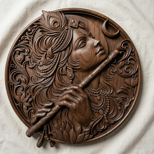 Highly detailed circular bas-relief carving of Lord Krishna playing the flute, adorned with ornate jewelry and flowing hair. A peacock feather crowns the head while a crescent moon appears in the background. Intricate floral patterns and smooth wood grain textures enhance the divine, serene expression, symbolizing peace, devotion, and spiritual harmony.