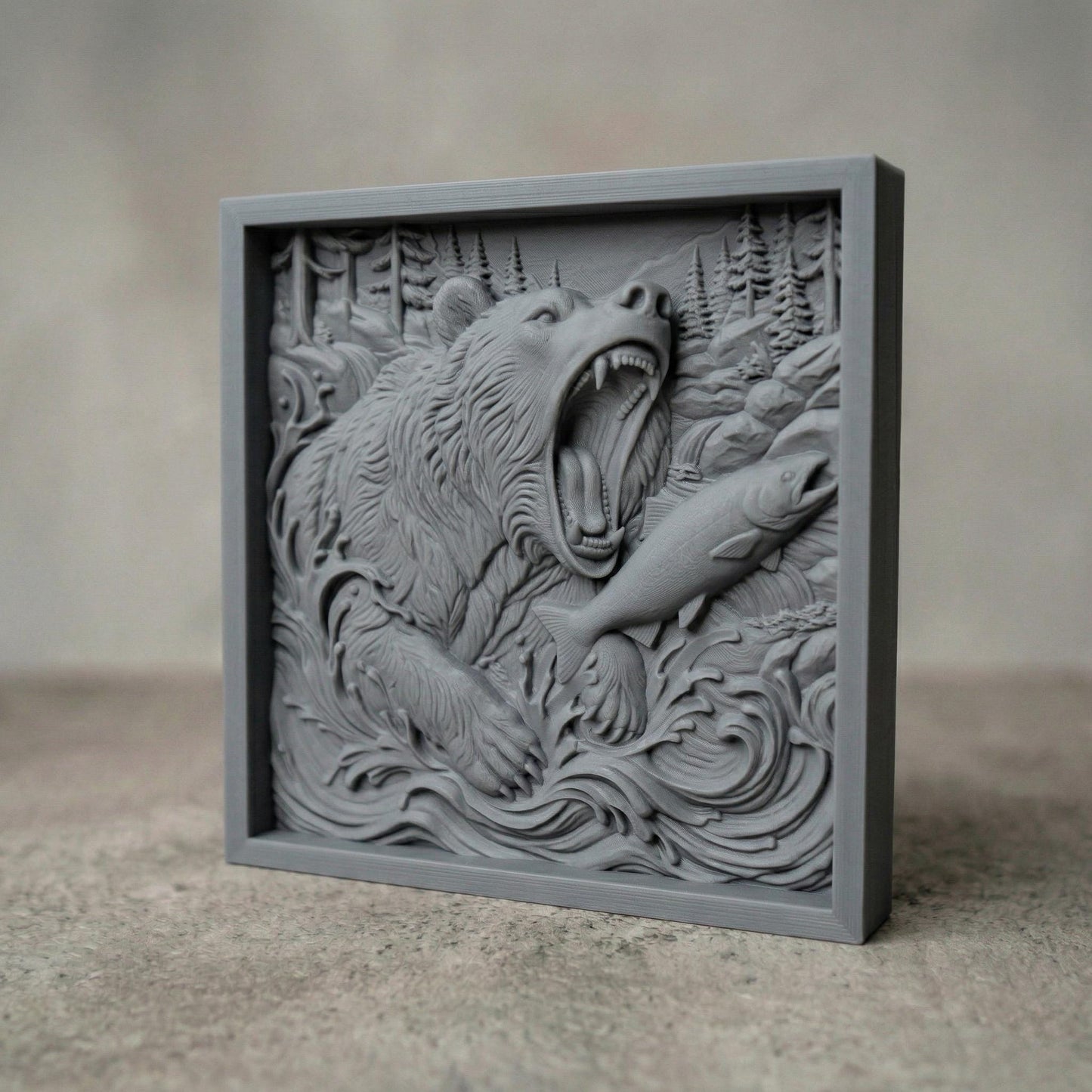 Highly detailed bas-relief carving of a roaring grizzly bear emerging from rushing river waves while catching a salmon, surrounded by pine forest and mountain scenery, with dynamic water splashes, textured fur, and deep relief depth in a rustic woodland composition.