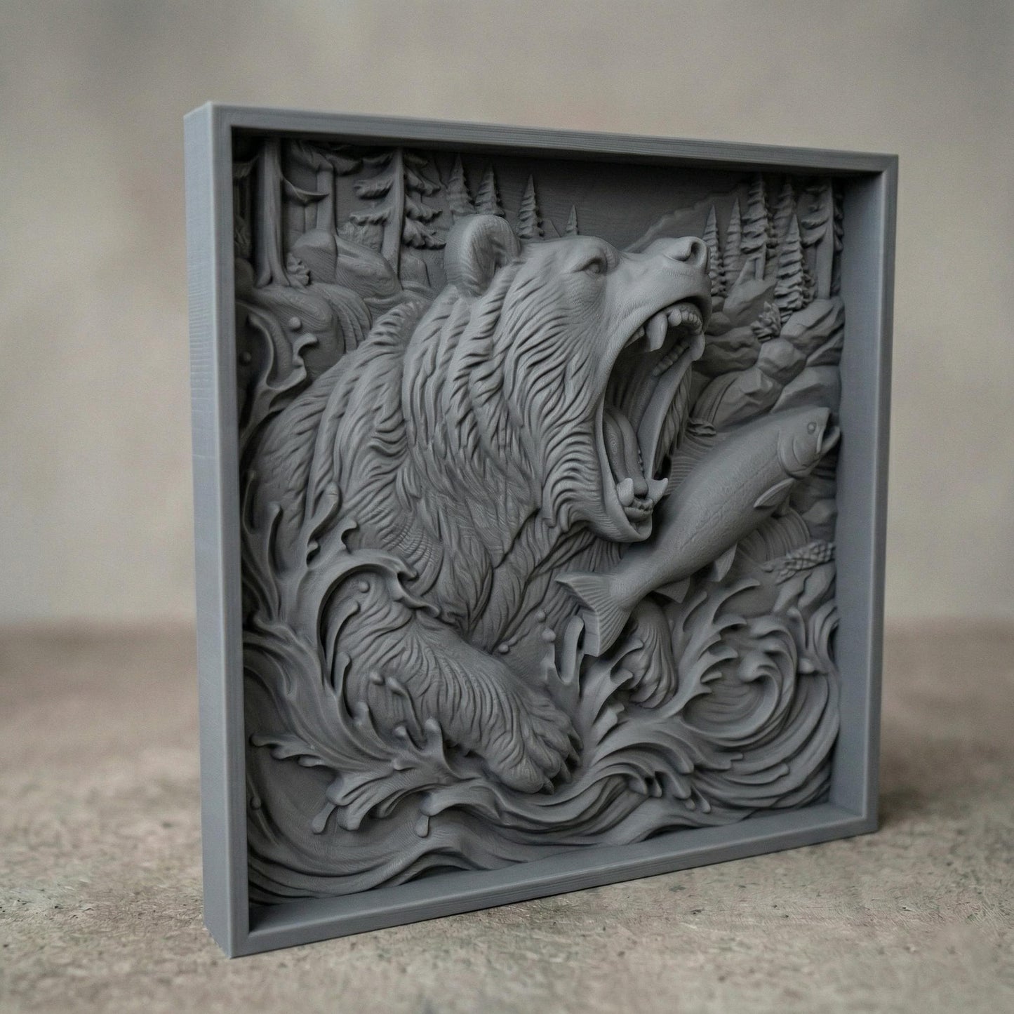 Highly detailed bas-relief carving of a roaring grizzly bear emerging from rushing river waves while catching a salmon, surrounded by pine forest and mountain scenery, with dynamic water splashes, textured fur, and deep relief depth in a rustic woodland composition.