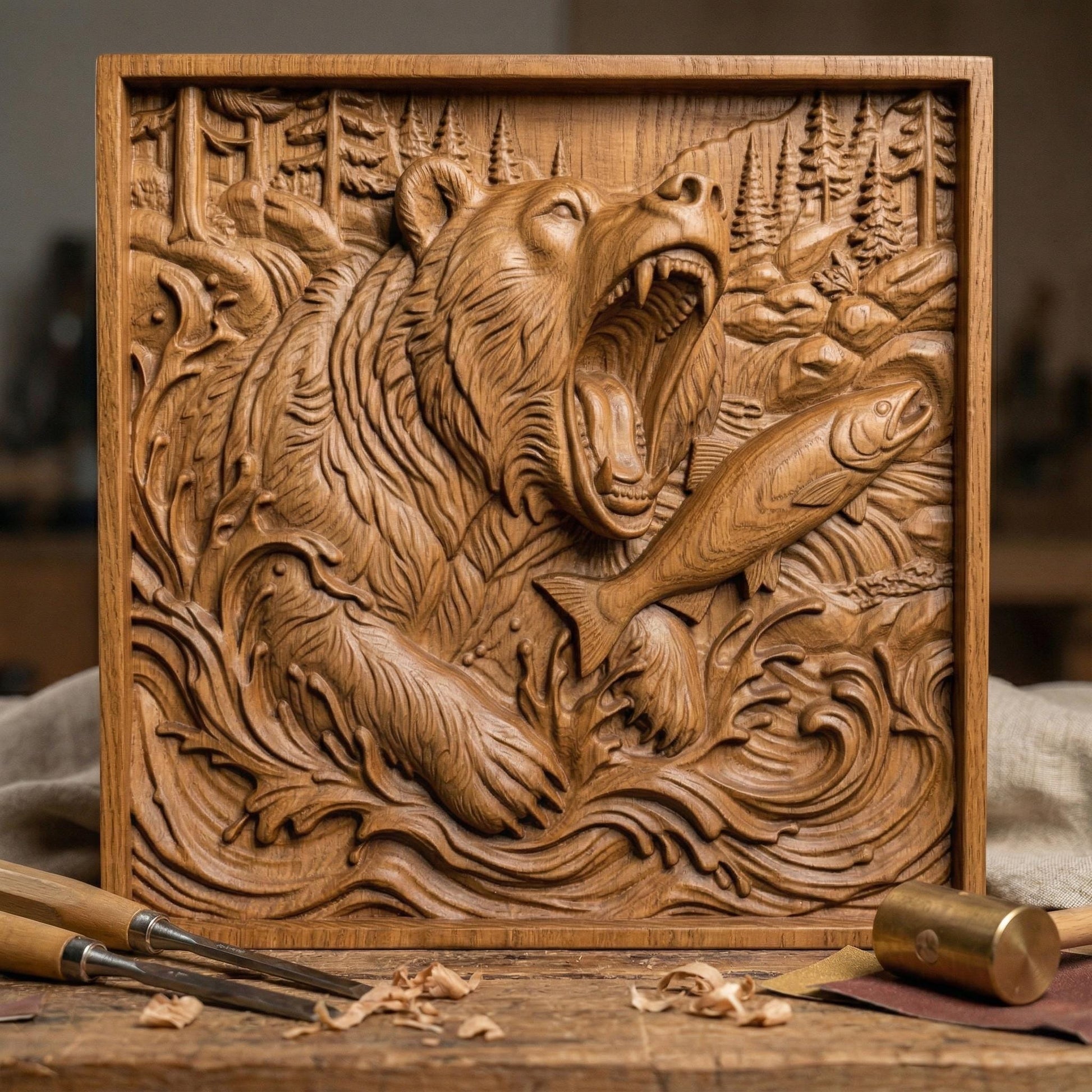 Highly detailed bas-relief carving of a roaring grizzly bear emerging from rushing river waves while catching a salmon, surrounded by pine forest and mountain scenery, with dynamic water splashes, textured fur, and deep relief depth in a rustic woodland composition.