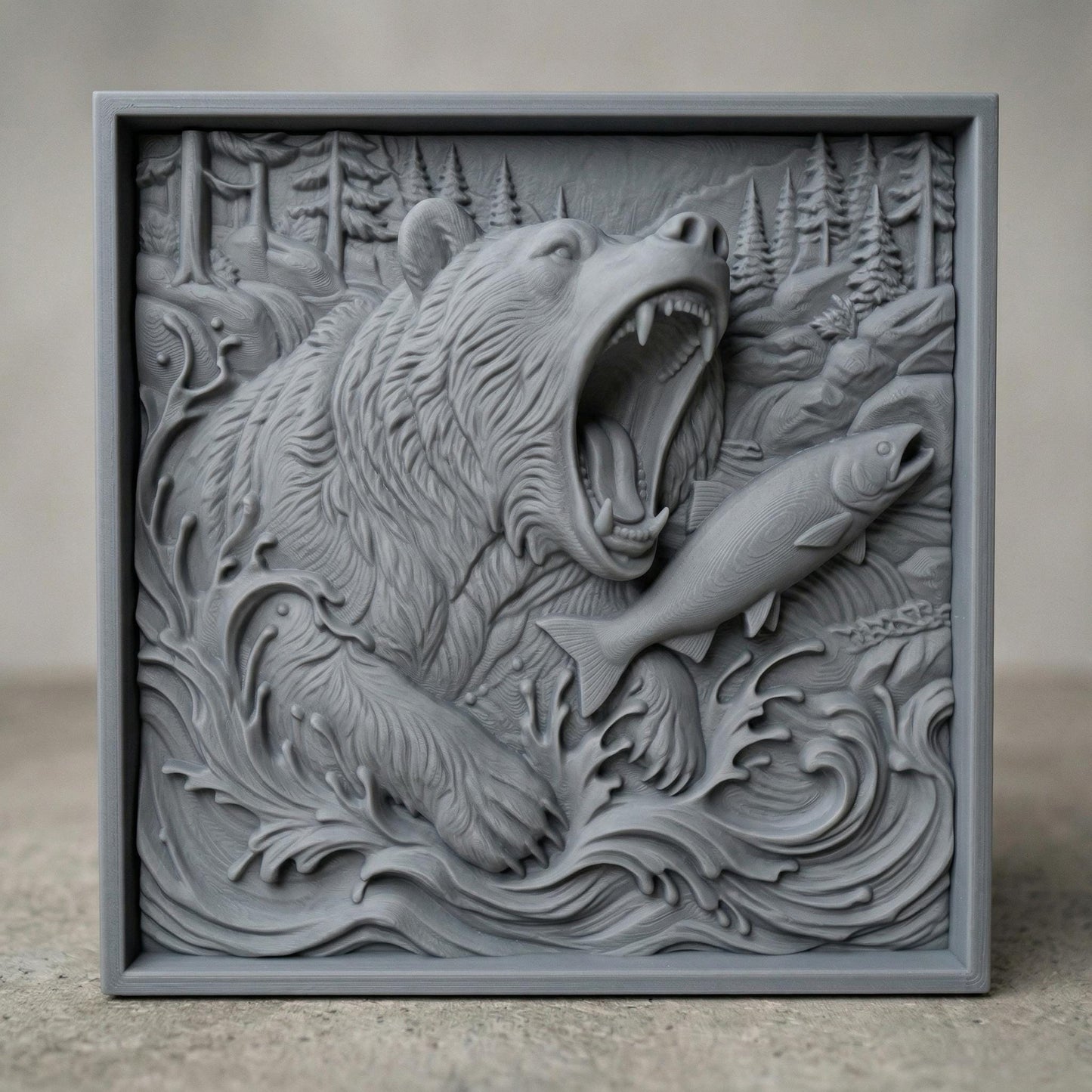 Highly detailed bas-relief carving of a roaring grizzly bear emerging from rushing river waves while catching a salmon, surrounded by pine forest and mountain scenery, with dynamic water splashes, textured fur, and deep relief depth in a rustic woodland composition.
