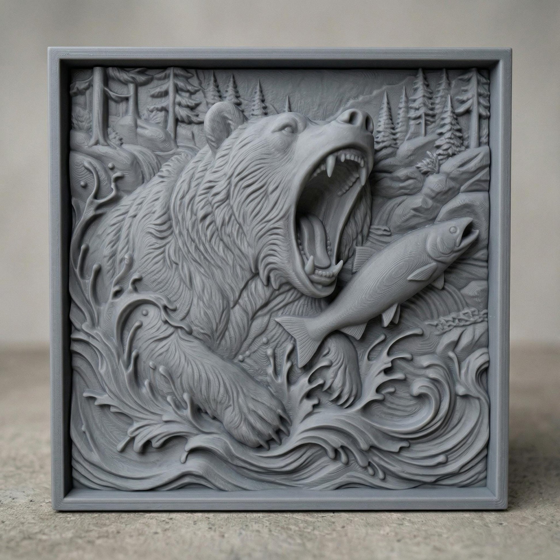 Highly detailed bas-relief carving of a roaring grizzly bear emerging from rushing river waves while catching a salmon, surrounded by pine forest and mountain scenery, with dynamic water splashes, textured fur, and deep relief depth in a rustic woodland composition.