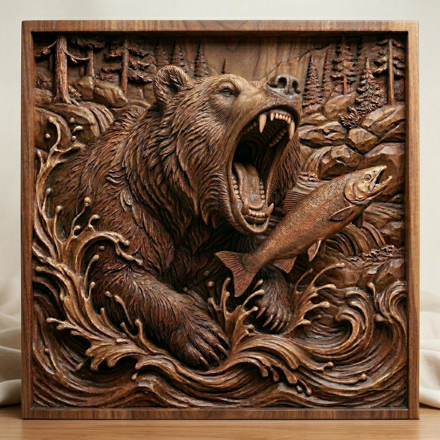 Highly detailed bas-relief carving of a roaring grizzly bear emerging from rushing river waves while catching a salmon, surrounded by pine forest and mountain scenery, with dynamic water splashes, textured fur, and deep relief depth in a rustic woodland composition.