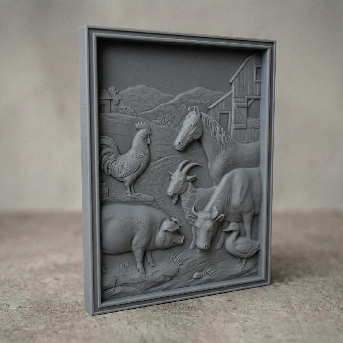 Detailed bas-relief carving of a rustic farm scene featuring a horse, cow, goat, pig, rooster, and duck gathered near a wooden barn, with rolling hills and countryside background, showcasing smooth contours, natural textures, and a warm pastoral composition in carved wood style.