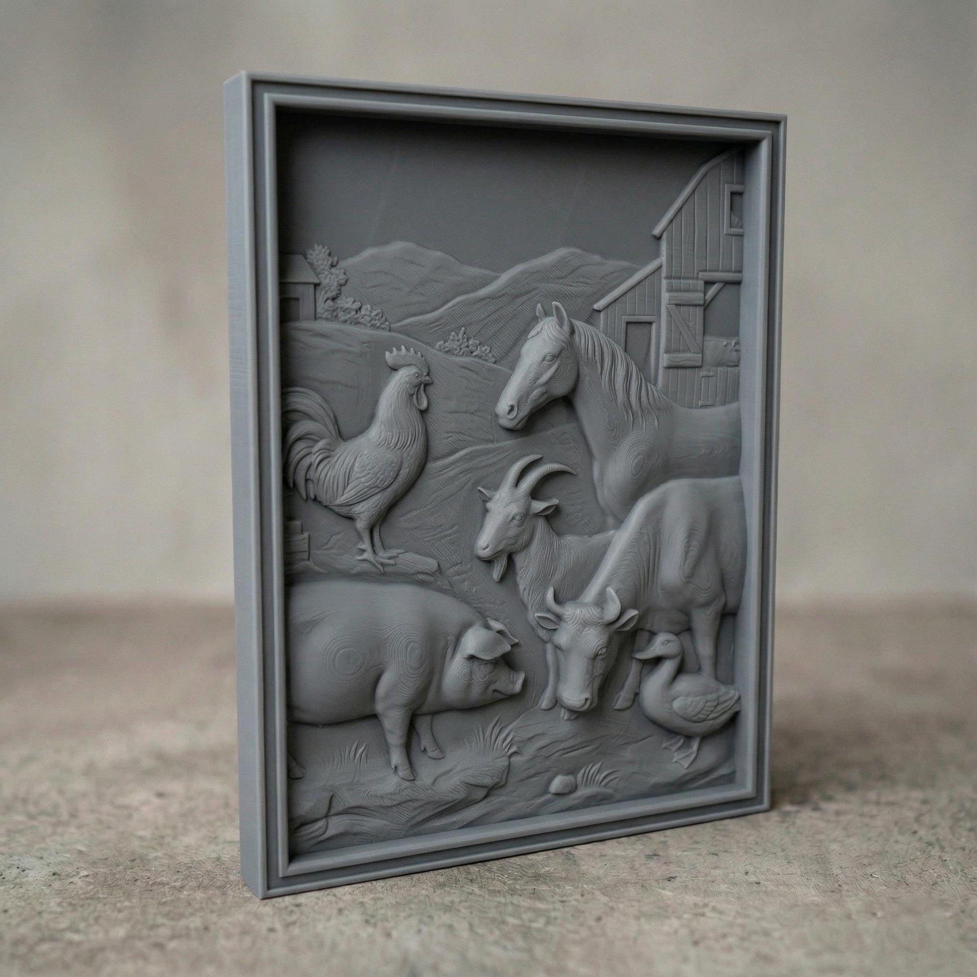 Detailed bas-relief carving of a rustic farm scene featuring a horse, cow, goat, pig, rooster, and duck gathered near a wooden barn, with rolling hills and countryside background, showcasing smooth contours, natural textures, and a warm pastoral composition in carved wood style.