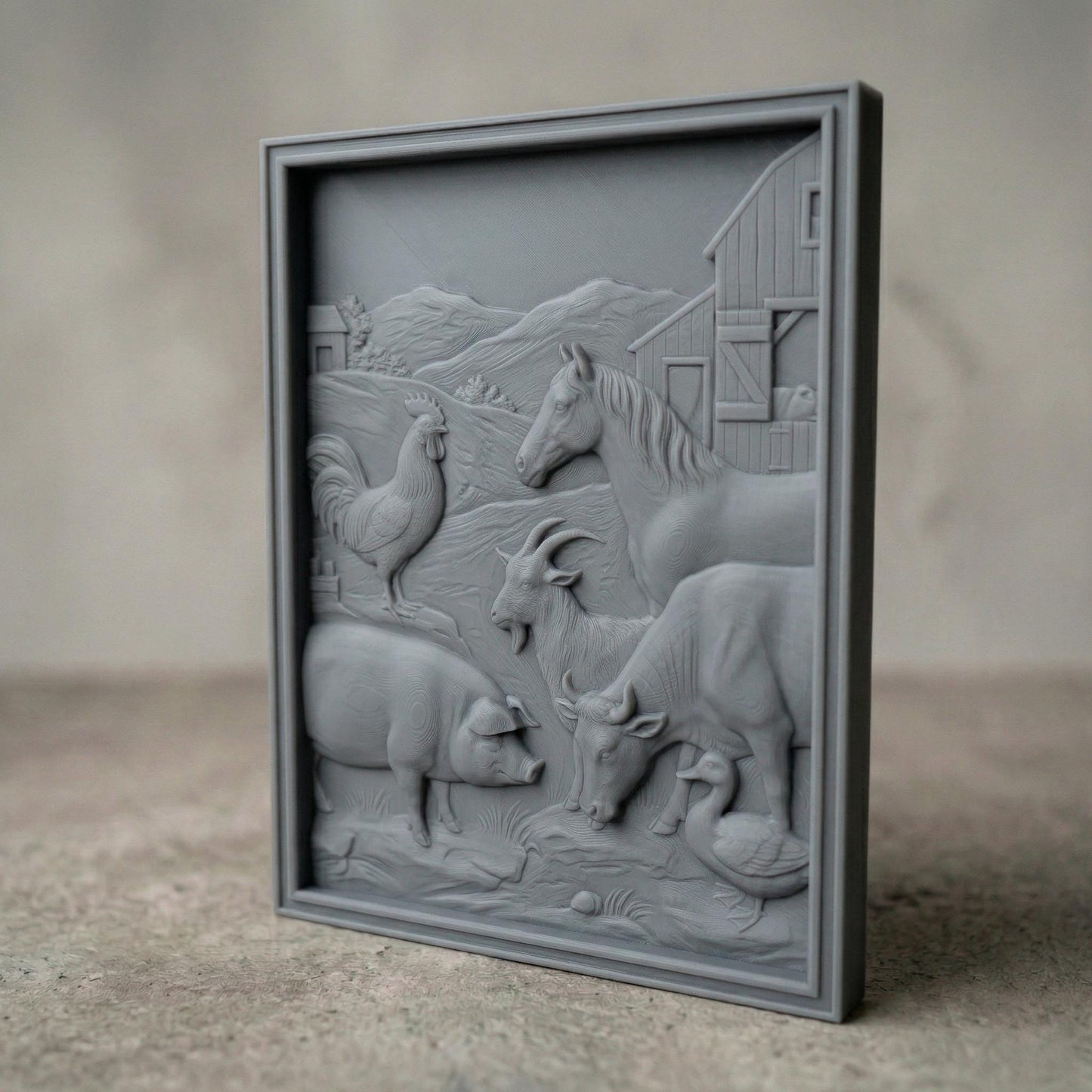 Detailed bas-relief carving of a rustic farm scene featuring a horse, cow, goat, pig, rooster, and duck gathered near a wooden barn, with rolling hills and countryside background, showcasing smooth contours, natural textures, and a warm pastoral composition in carved wood style.